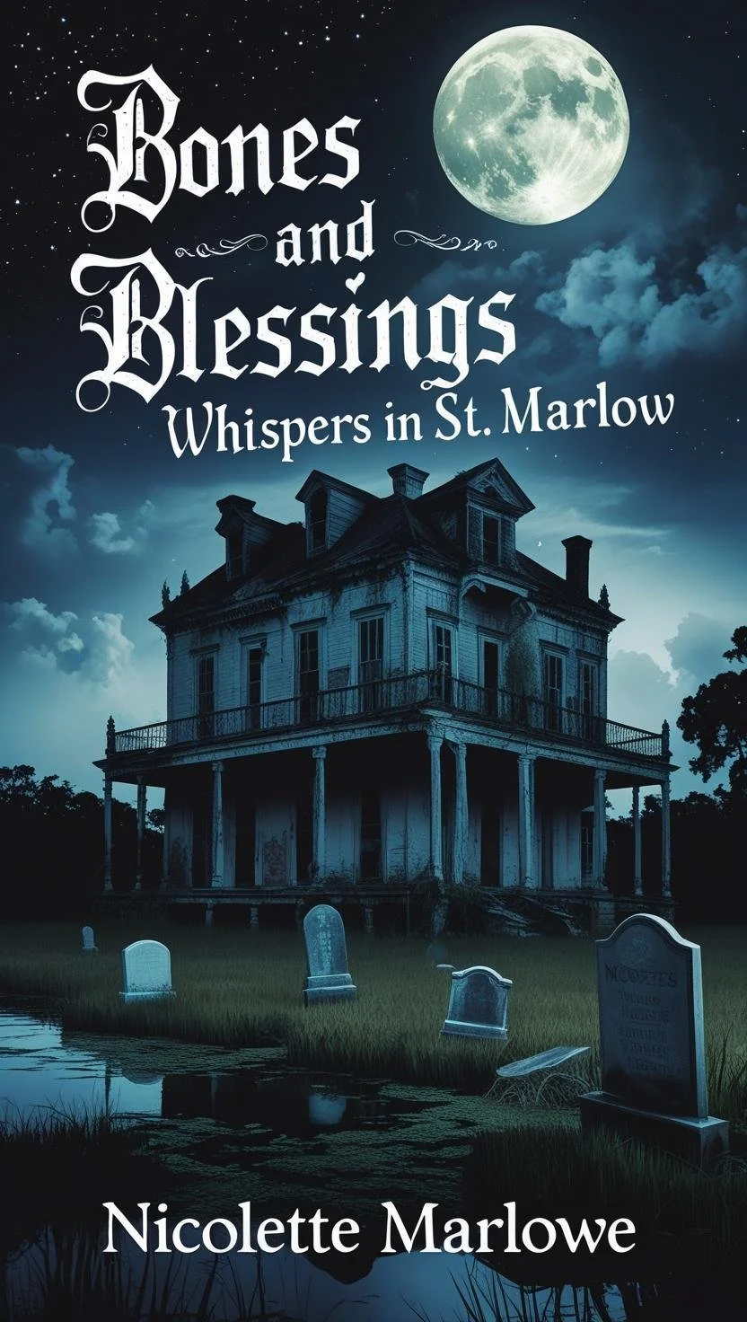 Book cover for "Bones and Blessings: Whispers in St. Marlow" by Nicolette Marlowe, featuring a spooky, old, abandoned house under a full moon with tombstones nearby in a graveyard.