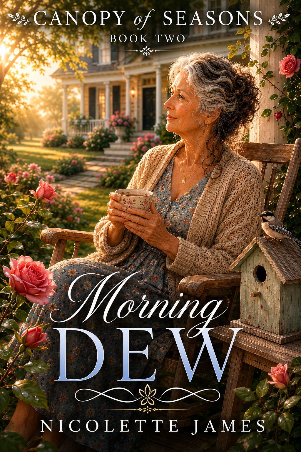 An elderly woman sitting in a garden on a wooden chair, holding a floral teacup, with pink roses and a birdhouse nearby, during morning sunlight.