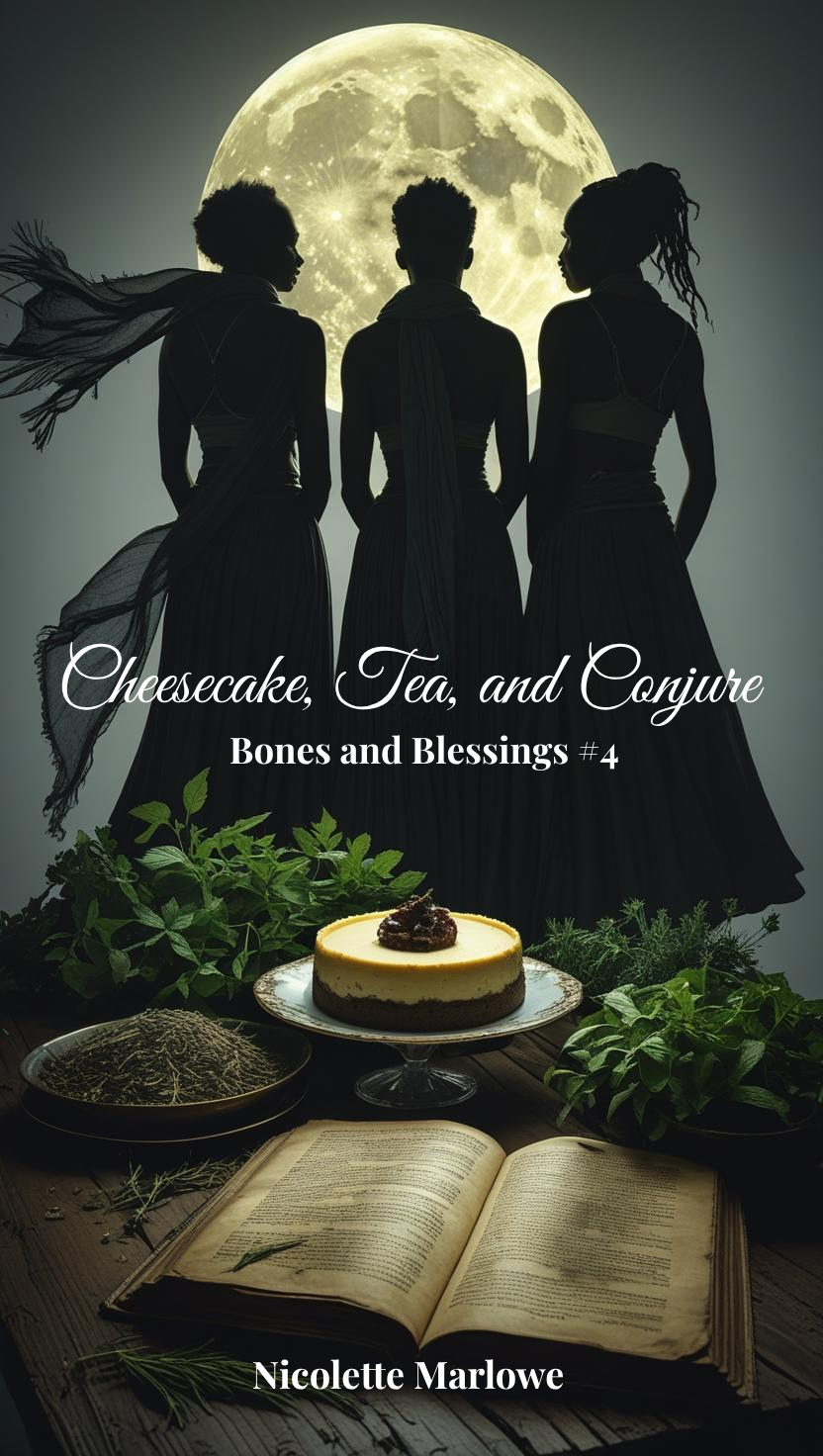 Book, cheesecake, herbs, and plants on a table in front of three silhouetted women with a full moon behind them.