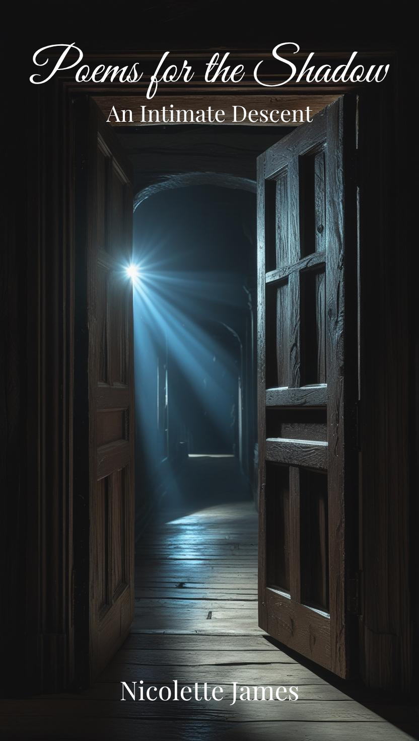 Open wooden door leading to a dimly lit hallway with a bright light shining from an unseen source at the end, with rays of light illuminating the floor.