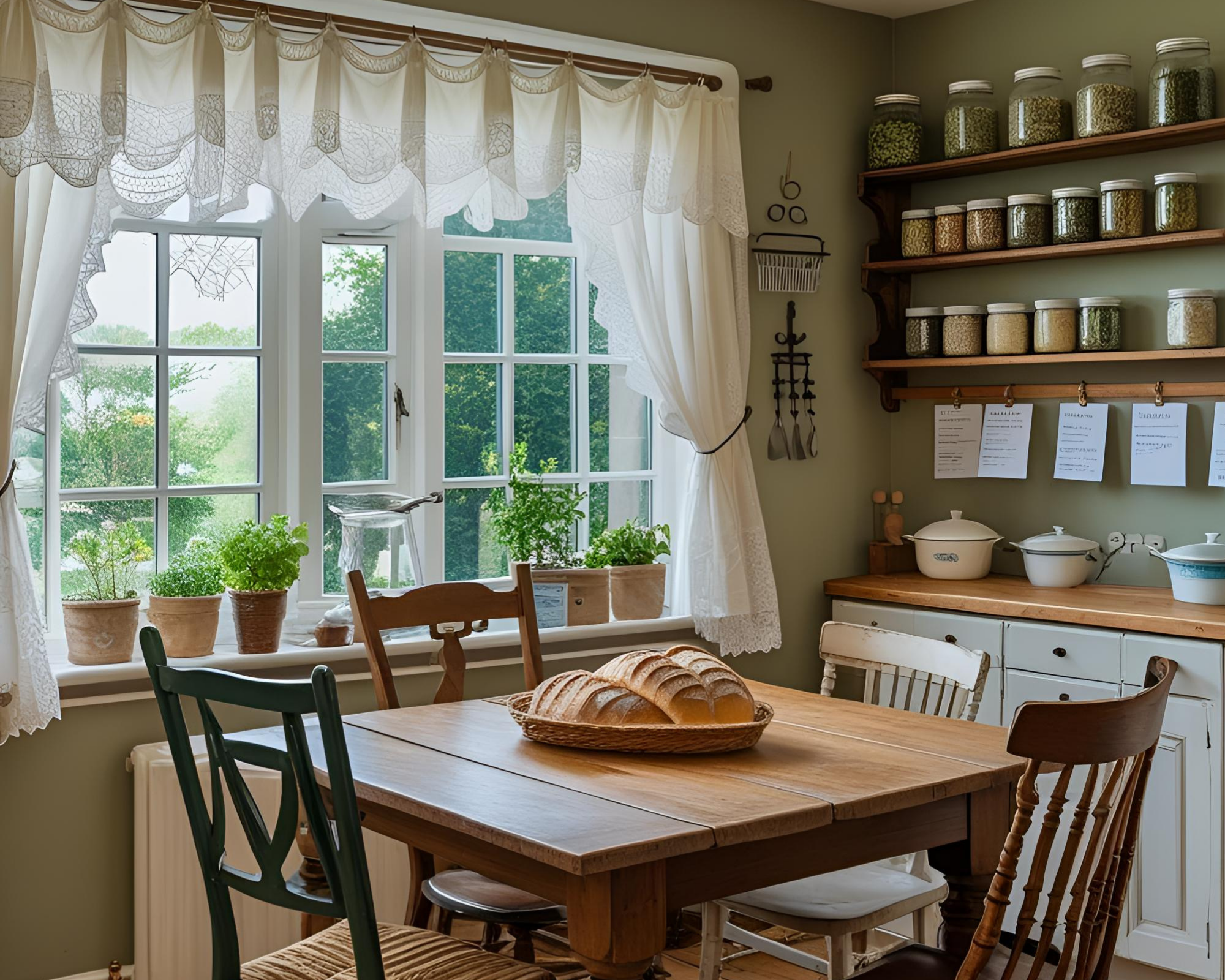 A cozy kitchen corner with a large window, beige curtains, potted plants on the windowsill, and shelves with glass jars filled with dried goods. There are wooden and painted metal chairs around a wooden table with a basket of bread.