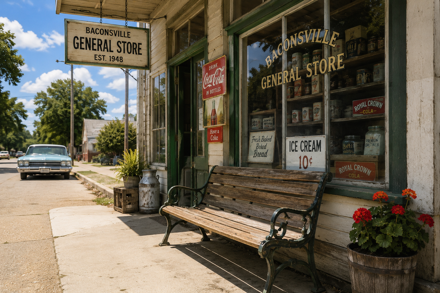 General store in the 1960s with a bench and vintage car on the side.