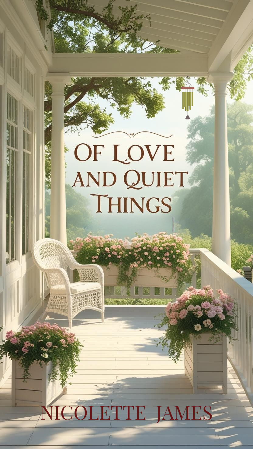 A porch with white wooden flooring, white columns, and white wicker furniture, decorated with pink flowers in white planters, overlooking a lush green landscape with trees and a hazy sky.