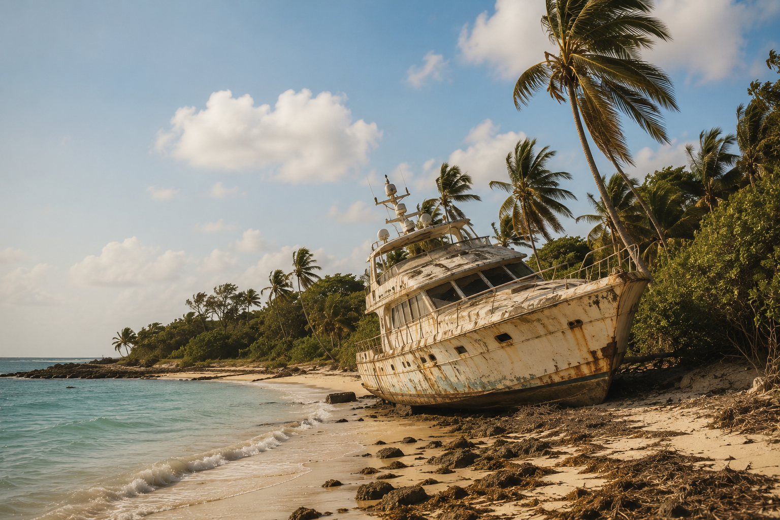 Rusting Yacht on a Tropical Shore