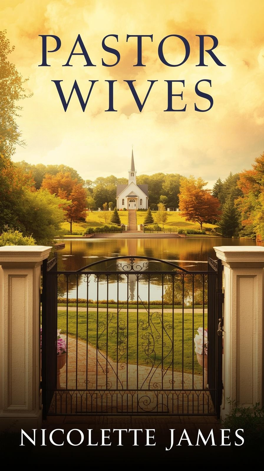 The book cover for 'Pastor Wives' by Nicolette James depicts a scenic shot of a white church with a steeple, surrounded by vibrant trees with fall foliage, a peaceful pond, and a decorative black wrought-iron gate in the foreground.
