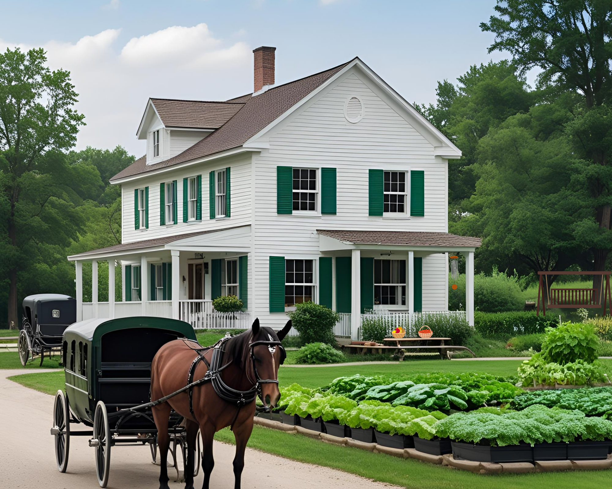 A brown horse harnessed to a decorated buggy on a farm with a large white house with green shutters, a vegetable garden, and trees in the background.