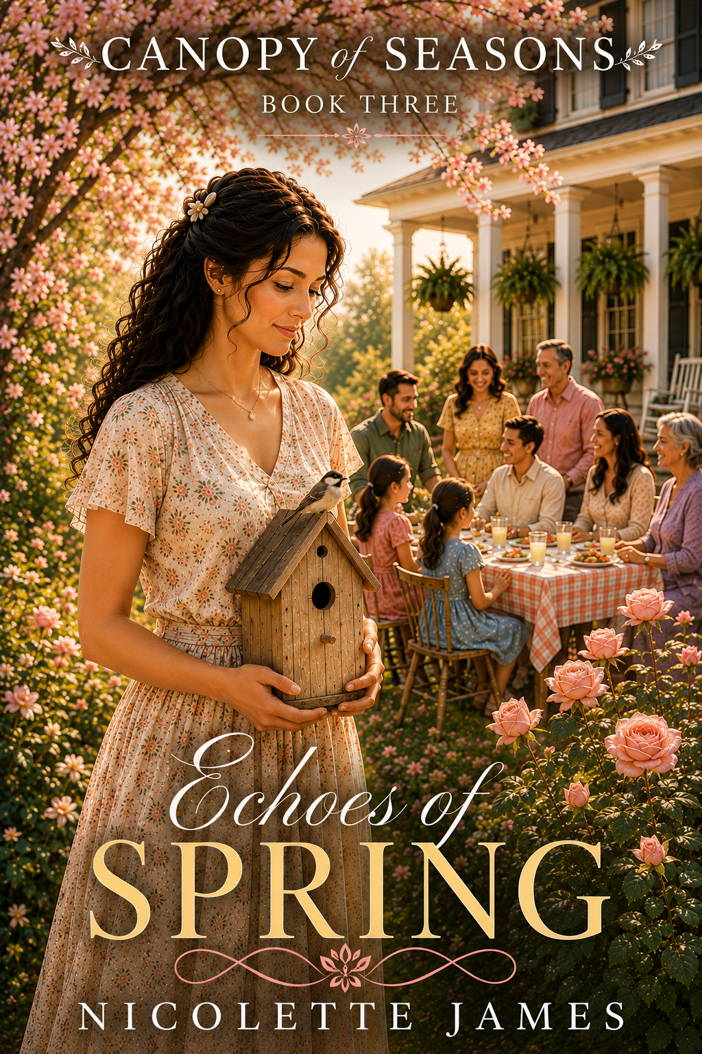 Book cover for "Echoes of Spring" by Nicolette James. Features a young woman with curly hair and a floral dress holding a birdhouse, in a garden with pink roses. In the background, a family is gathered around a table outside on a porch, with pink flowering trees and a white house.