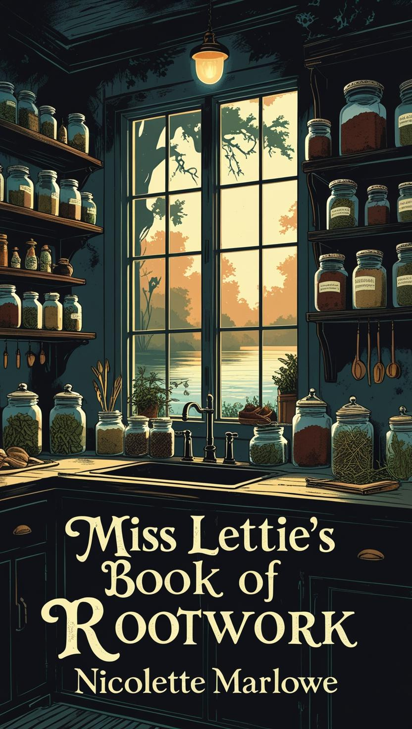 Book cover titled 'Miss Lettie's Book of Rootwork' by Nicolette Marlowe, depicting a cozy kitchen scene with shelves of jars filled with herbs and spices, a window showing a sunset over a river, and a countertop with plants and jars.