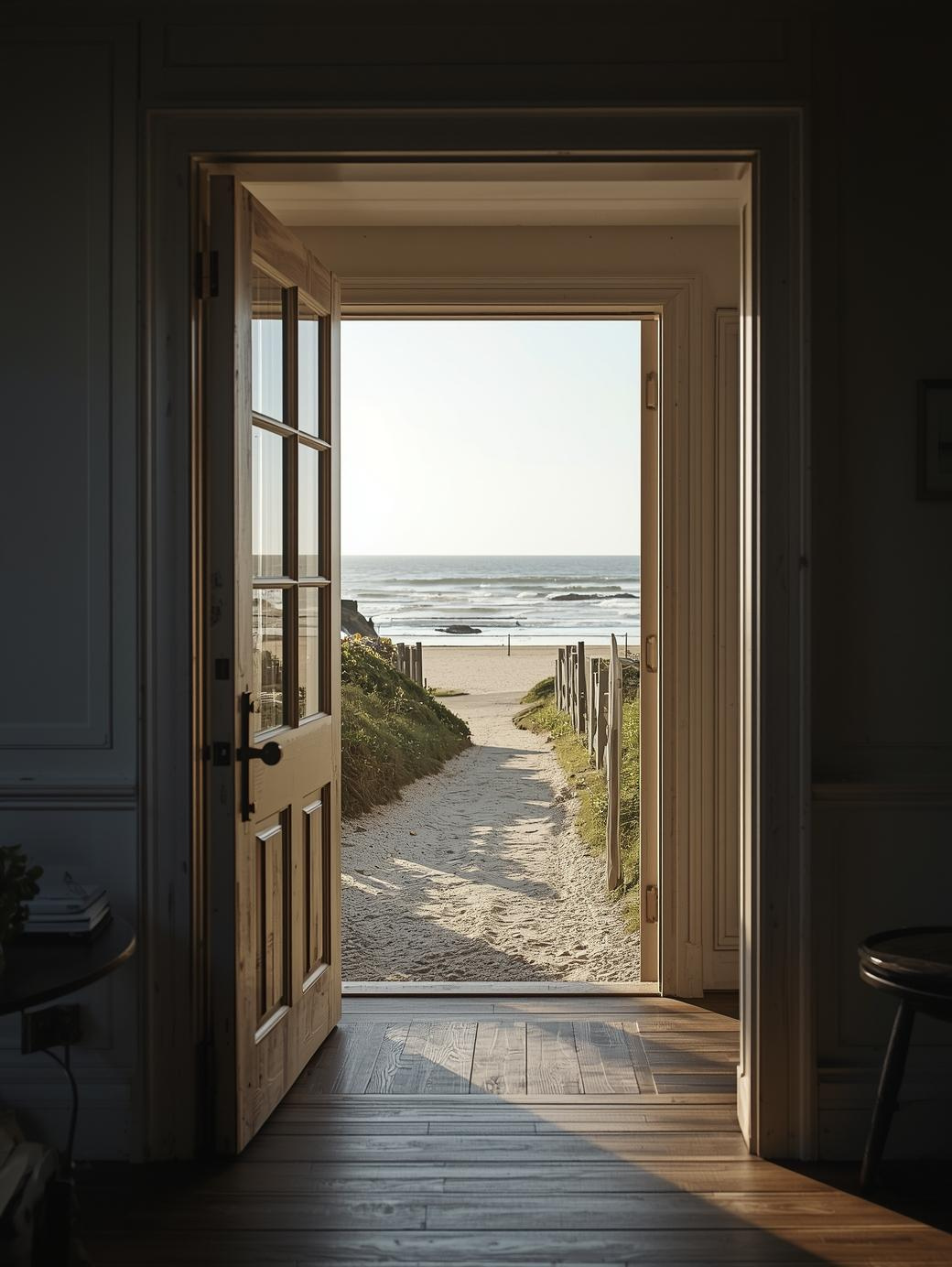 View of a sandy beach through an open door, with walking path, beach fence, rocky shoreline, and ocean waves, taken from inside a house