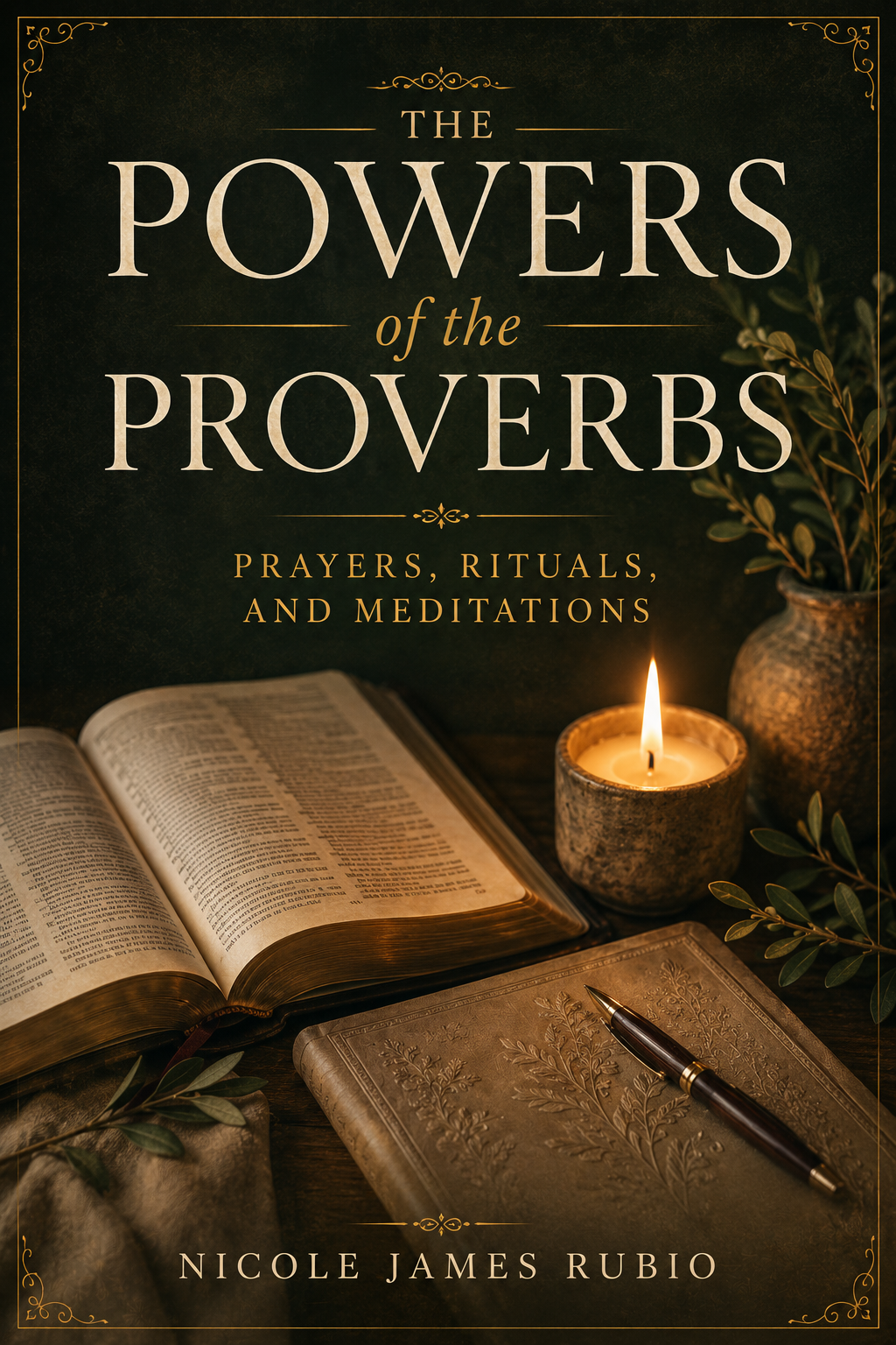 Book cover titled 'The Powers of the Proverbs: Prayers, Rituals, and Meditations' by Nicole James Rubio, featuring an open Bible, a lit candle, a journal, and green foliage in a warm, dimly lit setting.