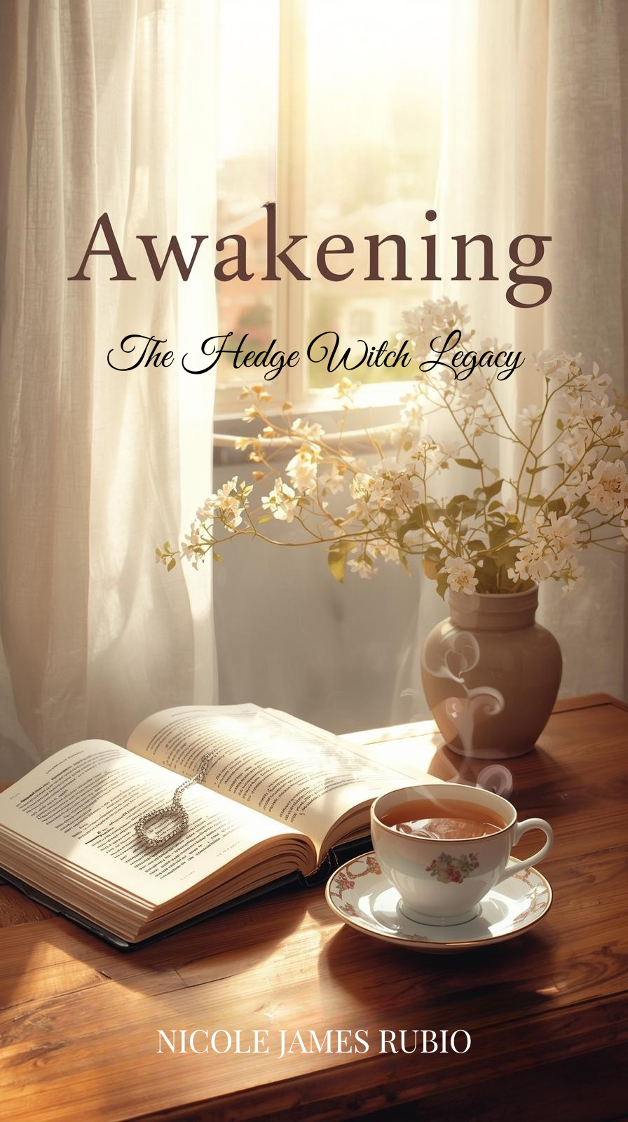 Book titled 'Awakening' by Nicole James Rubio, open on a wooden table, with a cup of tea, a necklace, and a vase with white flowers near a window with curtains and sunlight.