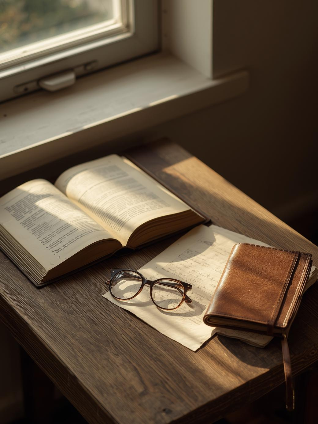 Open book, eyeglasses, and leather notebook on a wooden table near a window with sunlight