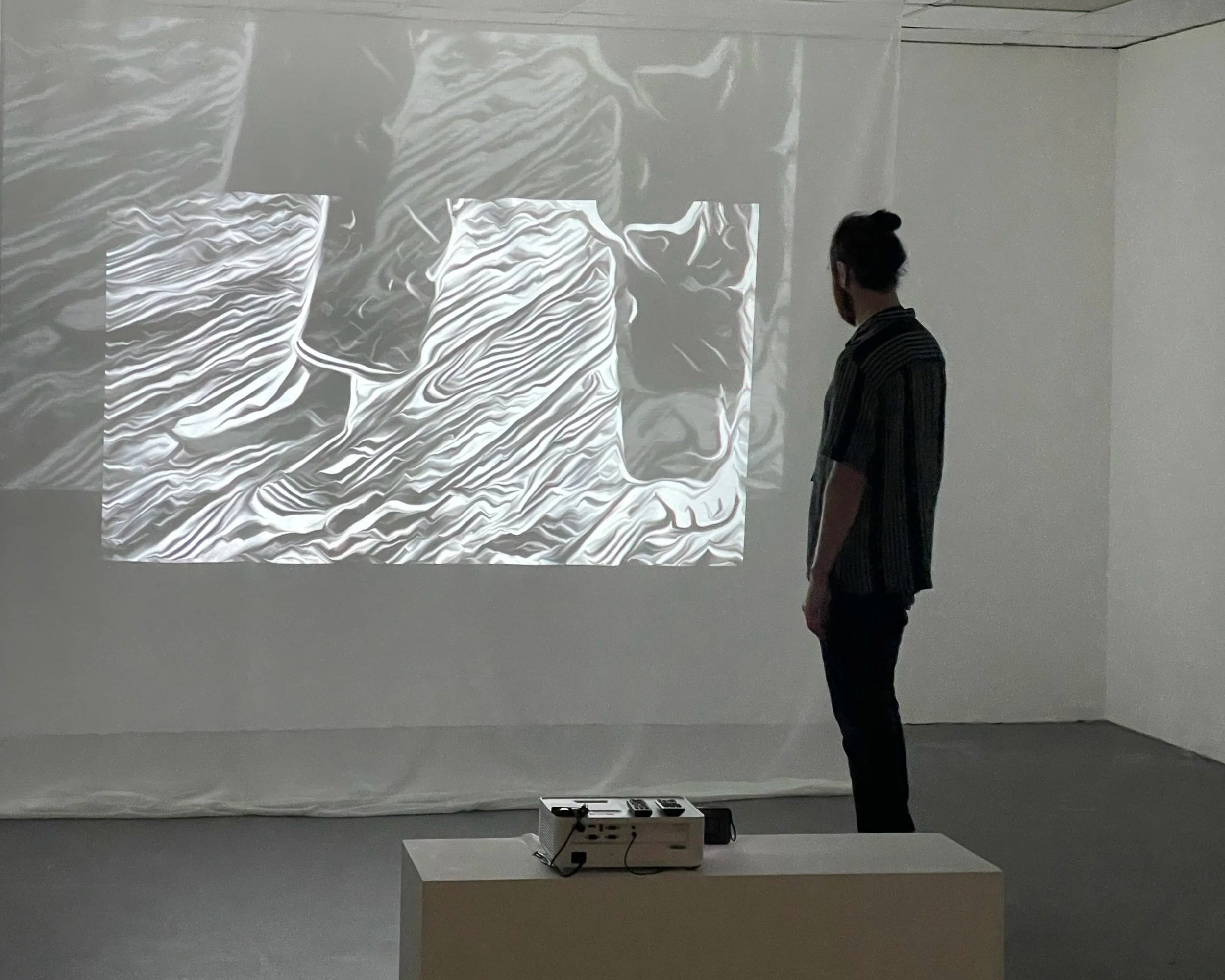A person stands in a dimly lit room facing a wall with an abstract, black-and-white digital projection that appears to be a textured, layered topographical map or pattern.