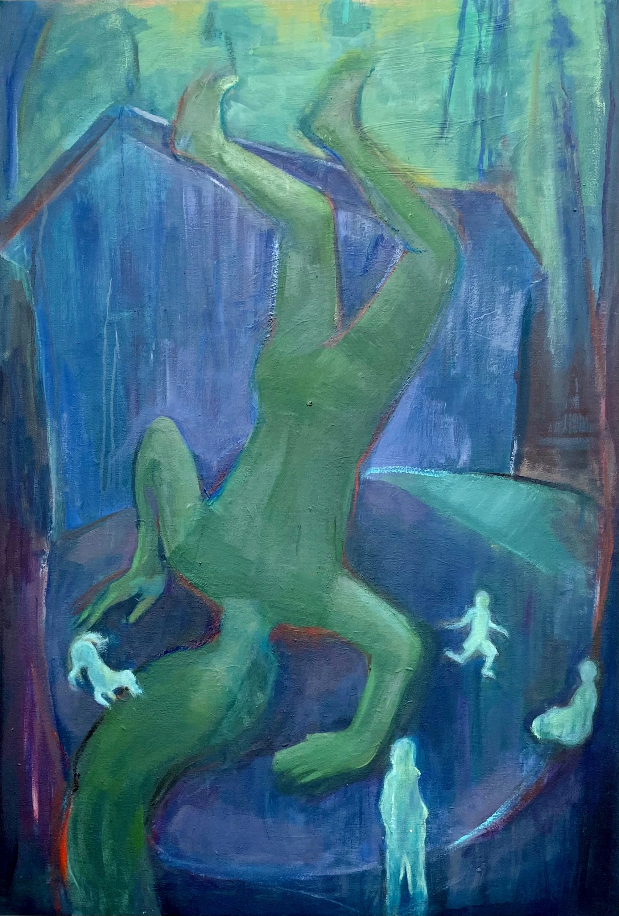 Green woman upside down