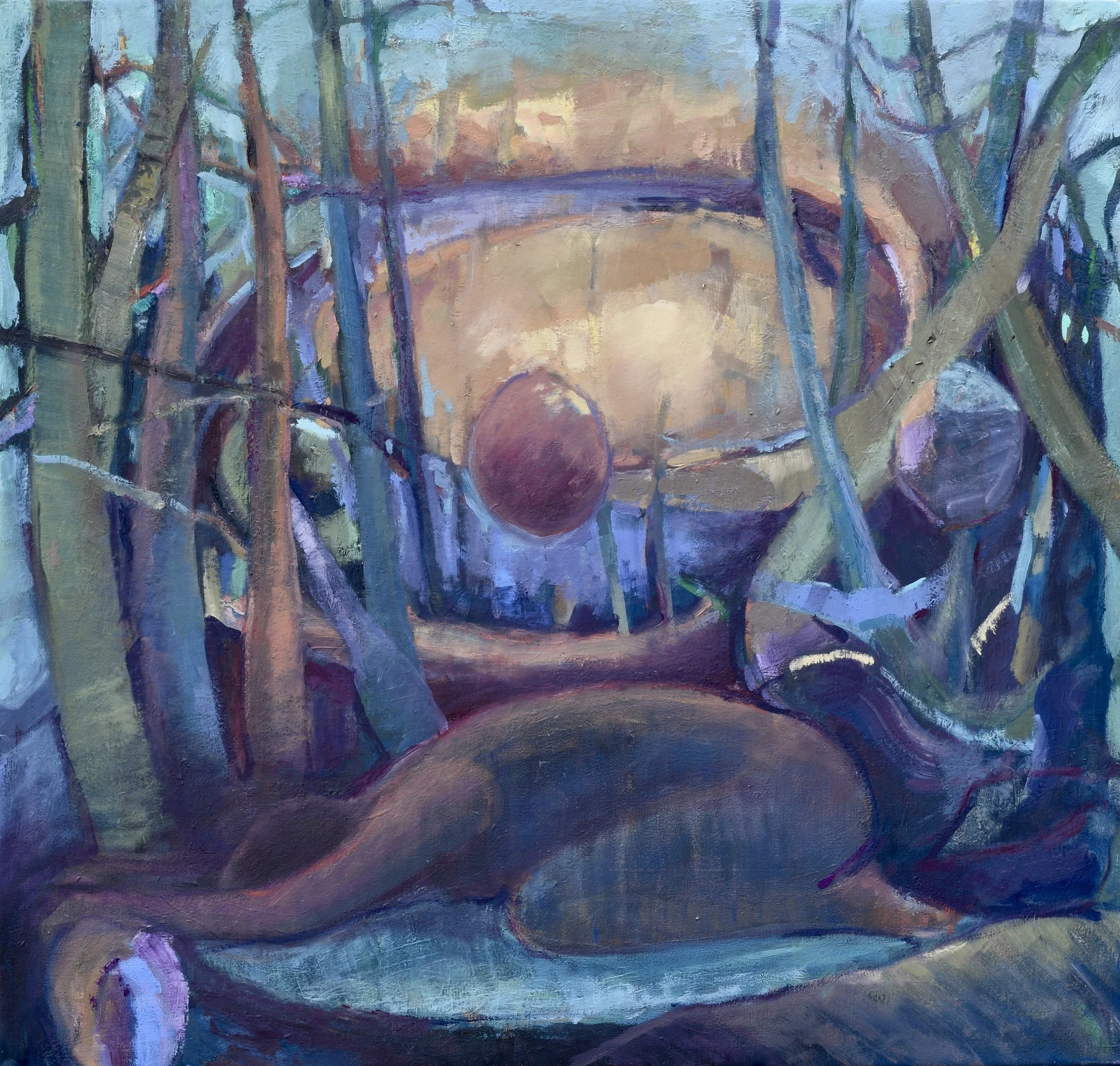 Samantha Samika painting of bodies dissolving into garden forms and plant life, ecofeminist artwork about embodiment and nature.