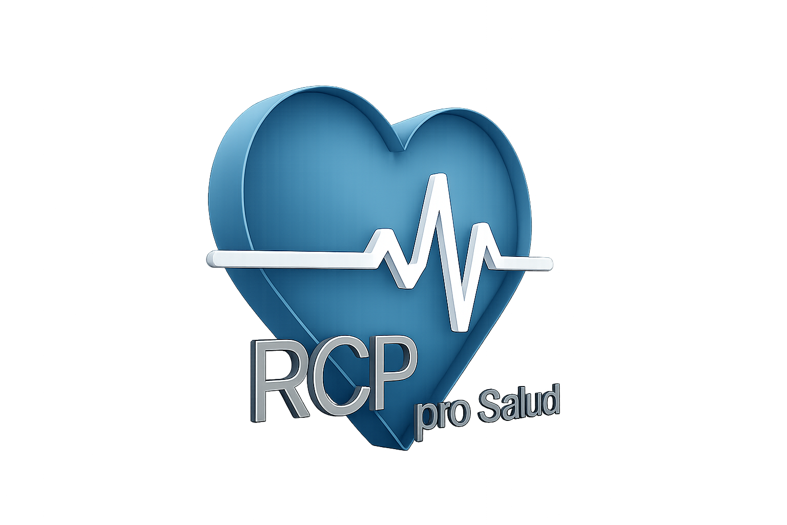 Forma de corazón azul con una línea de electrocardiograma y el texto 'RCP pro Salud' en relieve