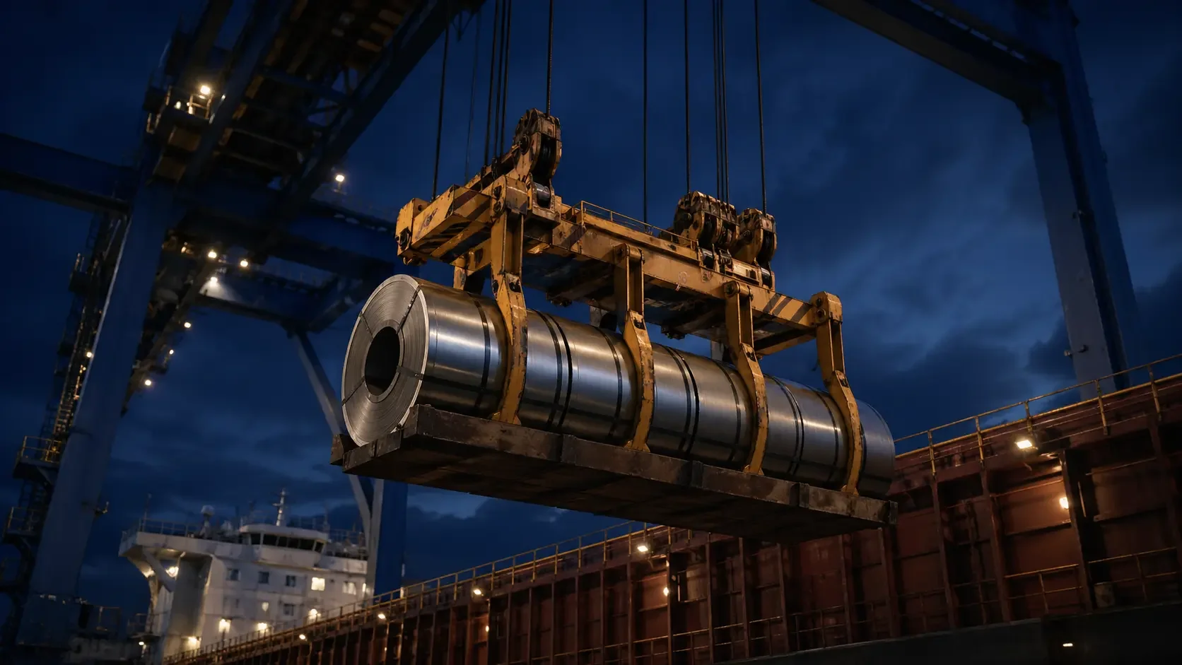Port handling and vessel loading of tinplate steel coils — GR Trading manages end-to-end logistics from Chinese mill to US discharge port, including specialized coil handling.