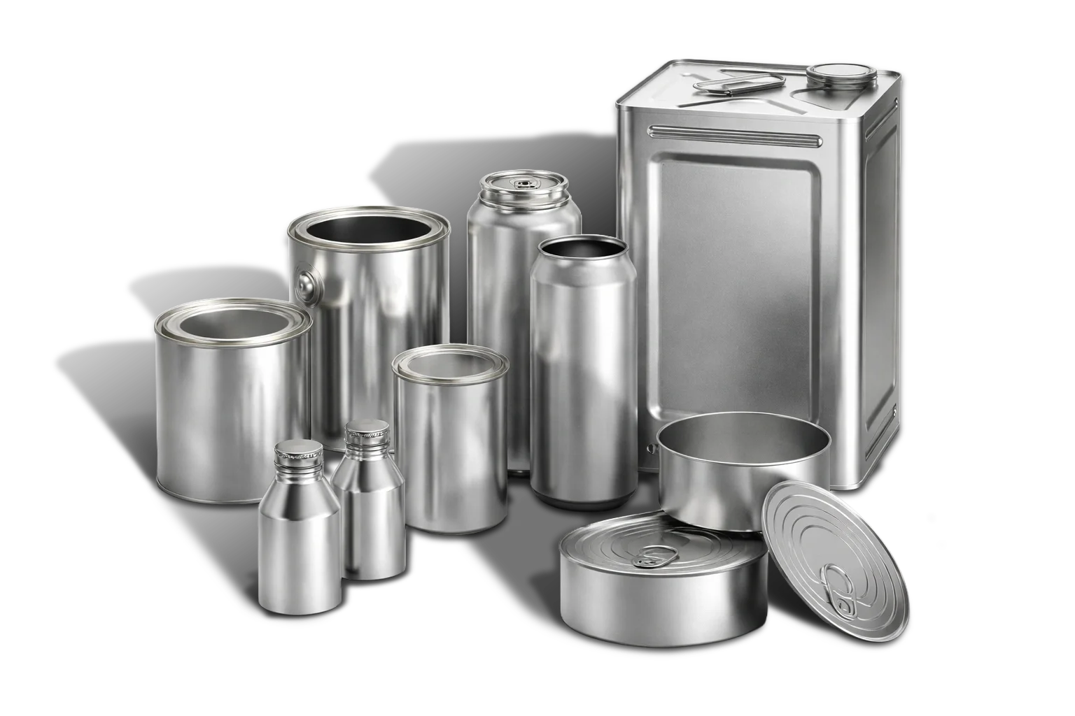 Variety of tinplate steel packaging formats including paint cans, food tins, beverage cans, a jerry can, shallow bowls, and small bottles on transparent background