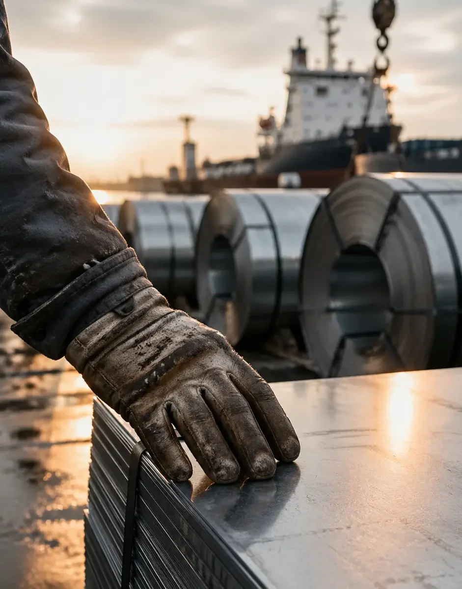 Hands-on quality assurance on tinplate steel sheets at port — GR Trading's commitment to verified, mill-direct supply for US procurement buyers.