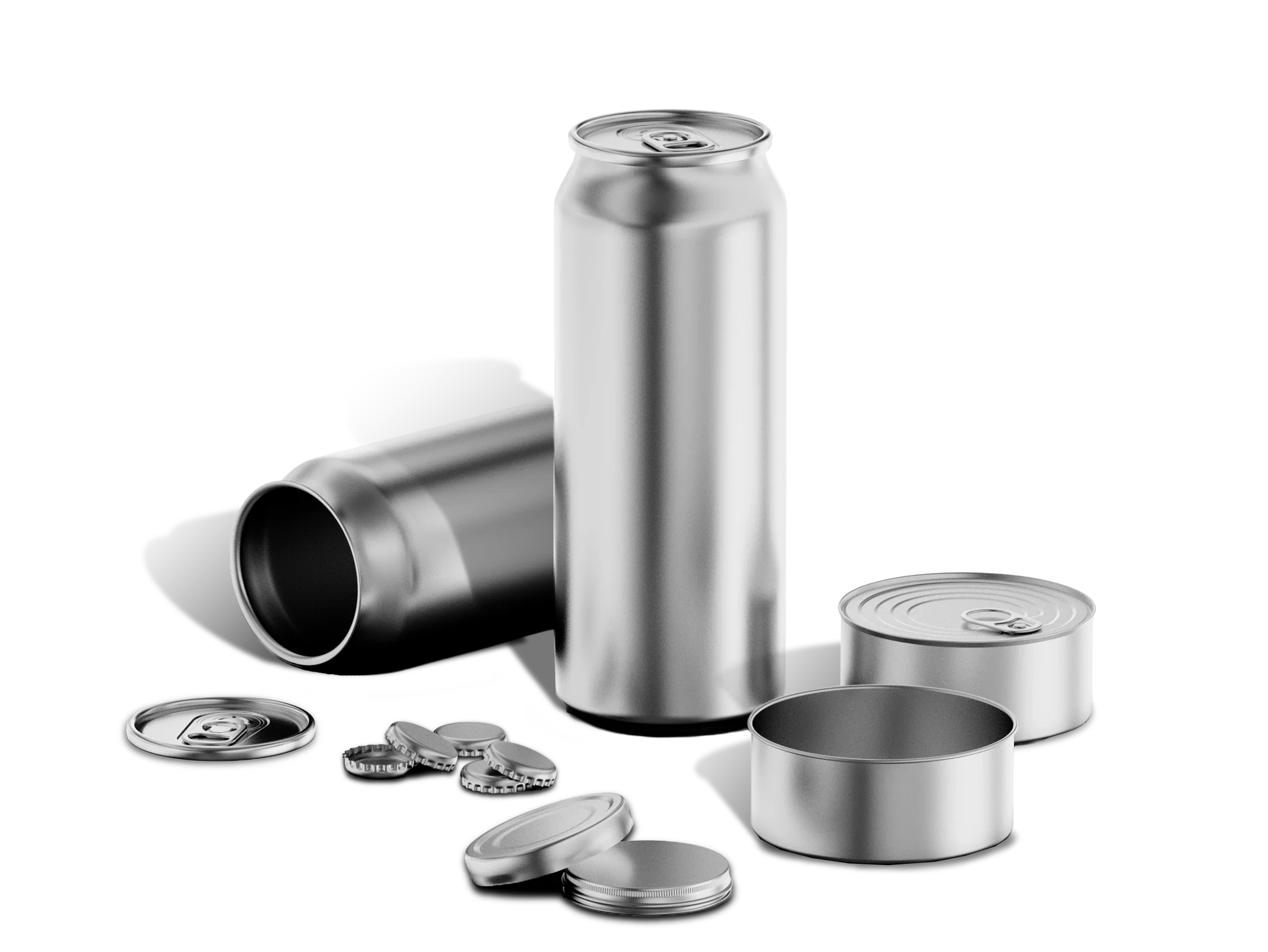 Assorted tinplate steel packaging products including beverage cans, shallow food tins, bottle caps, and screw-top lids on transparent background