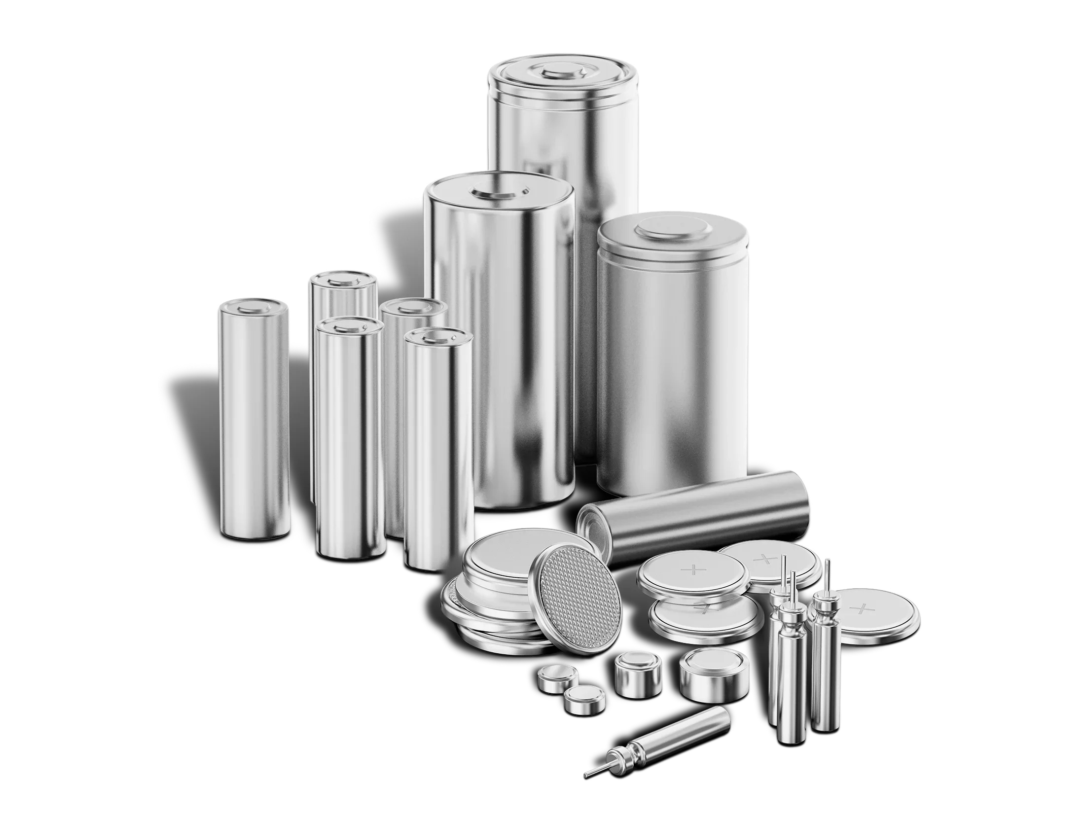 Various silver cylindrical batteries and coin cell batteries displayed on a black background.