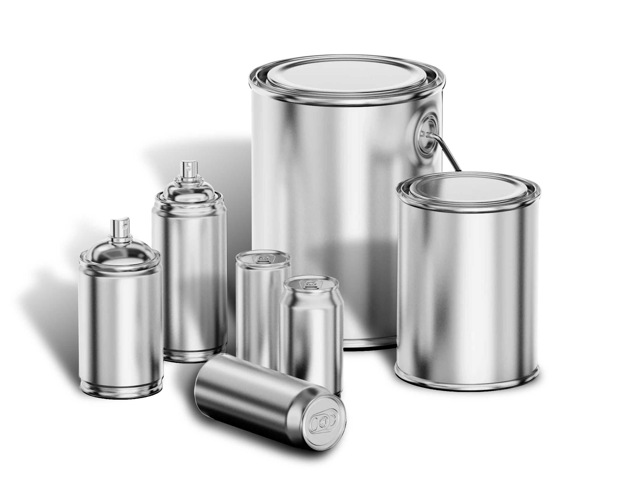 Empty metallic spray cans, paint cans, and containers on a black background.