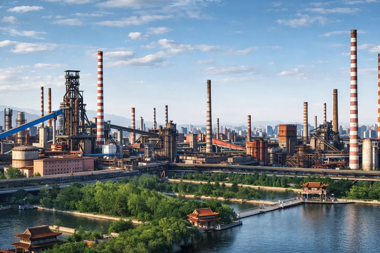 Shougang steel mill in China with large industrial smokestacks, manufacturing facilities, and riverfront infrastructure