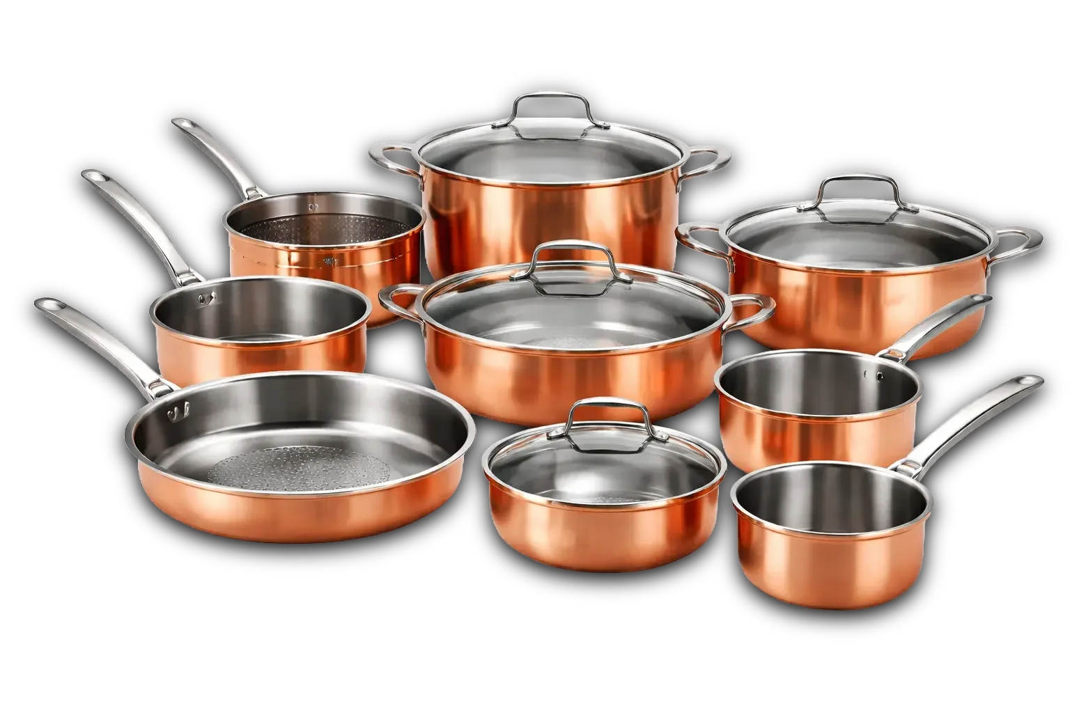 Copper-plated steel cookware set — pots, pans, and saucepans manufactured from copper-coated steel sheet supplied by GR Trading, combining the heat conductivity of copper with the structural strength and cost efficiency of base steel.