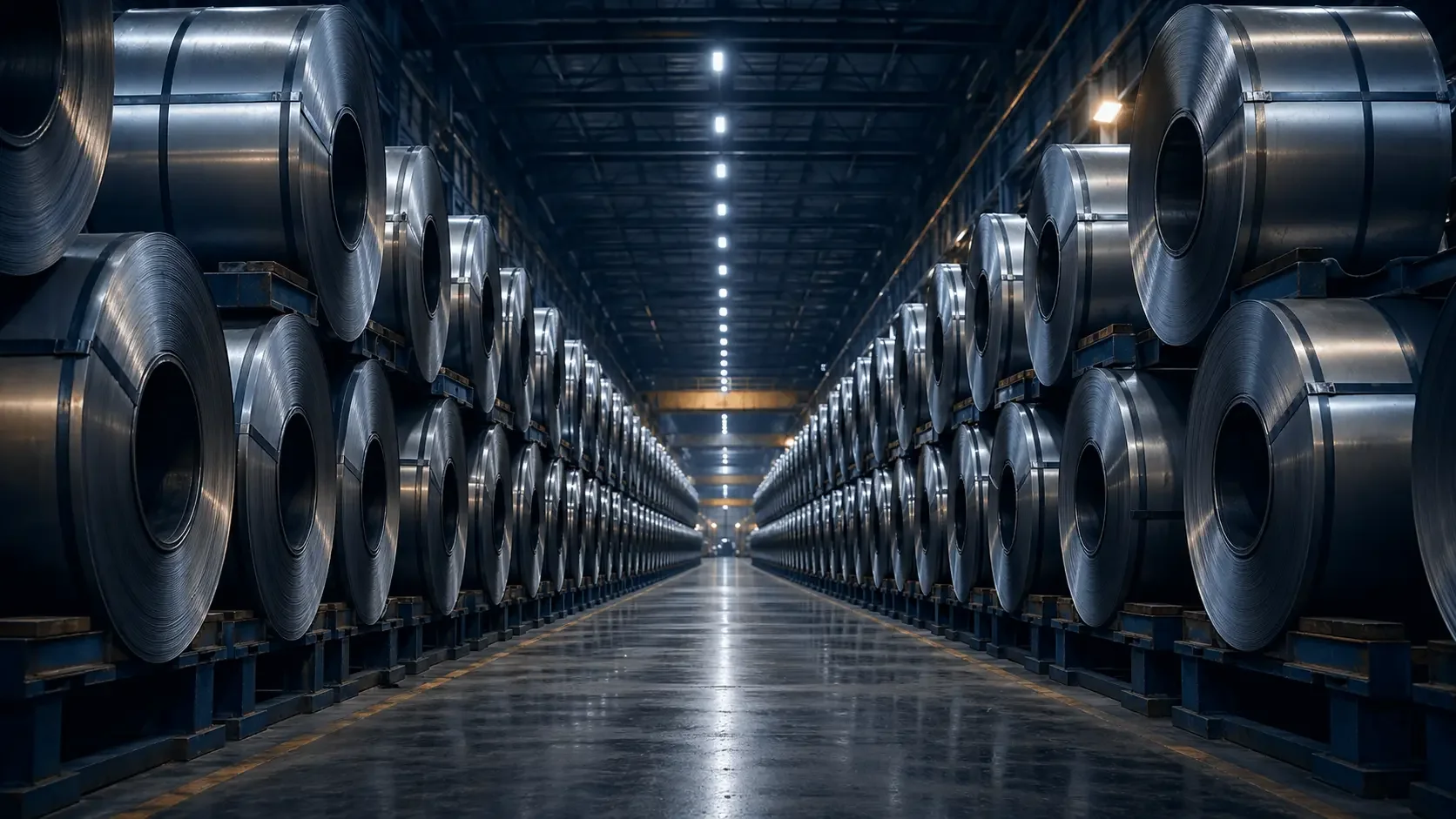 Warehoused tinplate steel coil inventory ready for fulfillment — GR Trading maintains supply buffer in US locations to support just-in-time delivery for converters and can manufacturers.