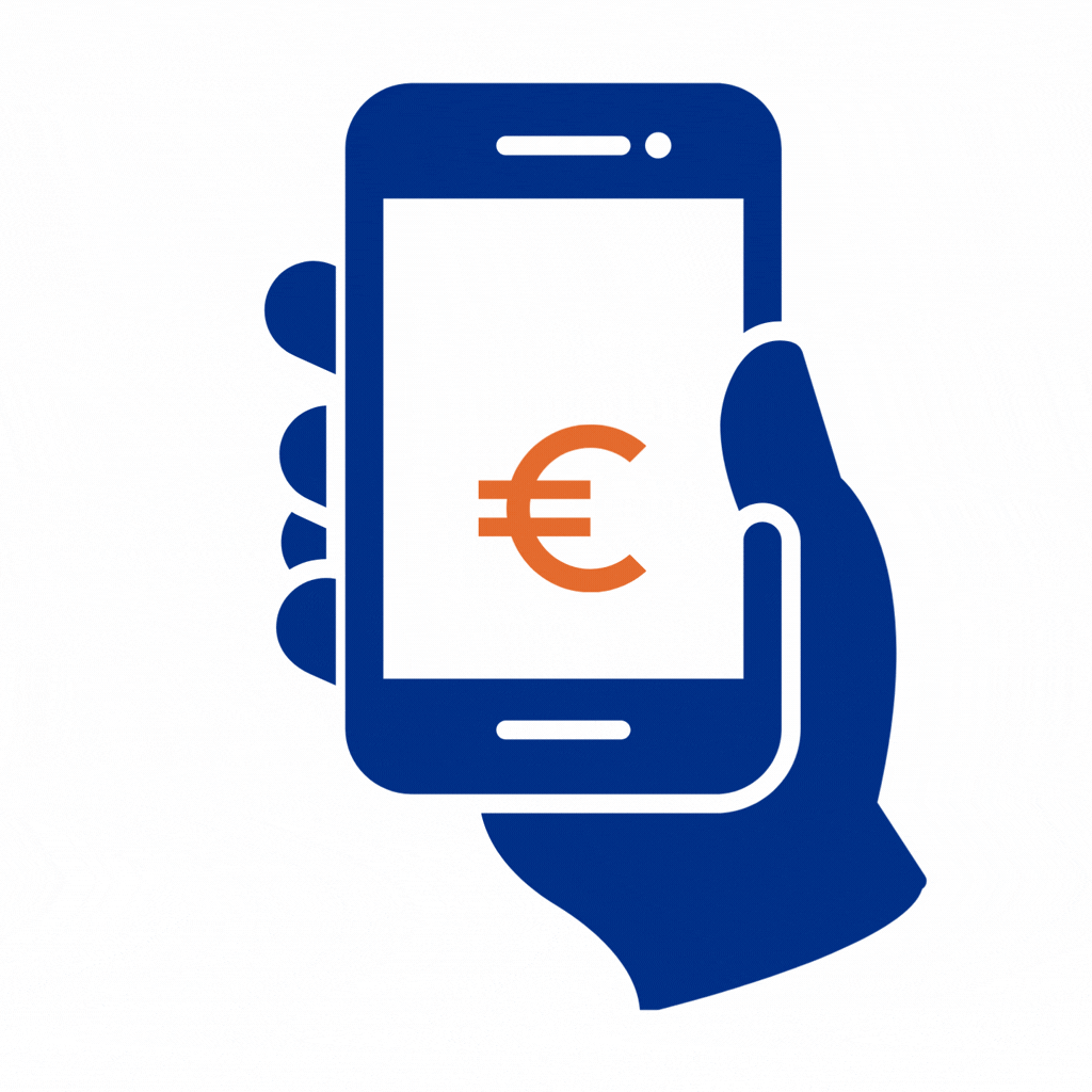 A blue silhouette of a hand holding a smartphone with a euro currency symbol on the screen.