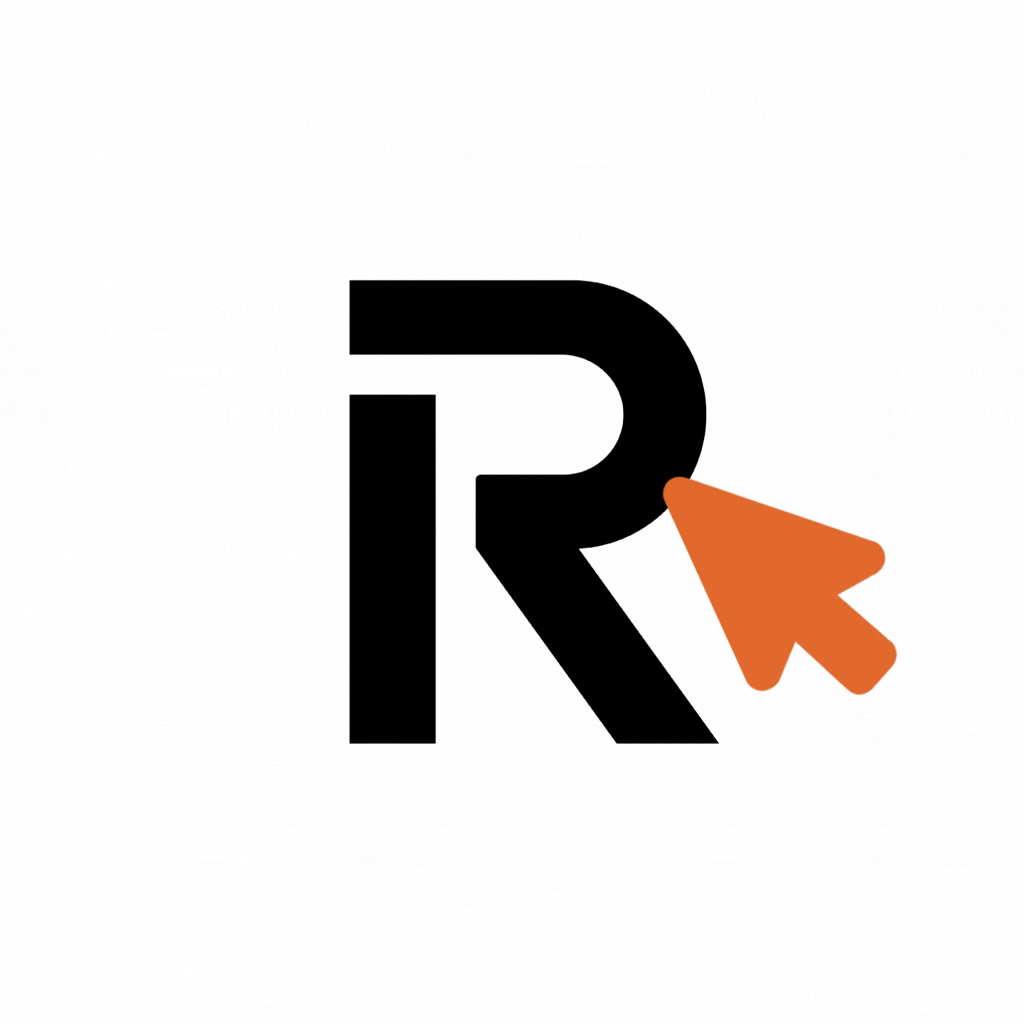 Black letter R with orange cursor arrow pointing to the right on white background.