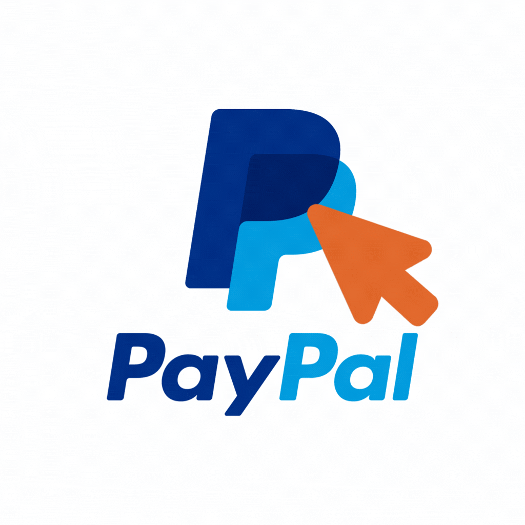 PayPal logo with stylized blue 'P' and orange cursor pointer.