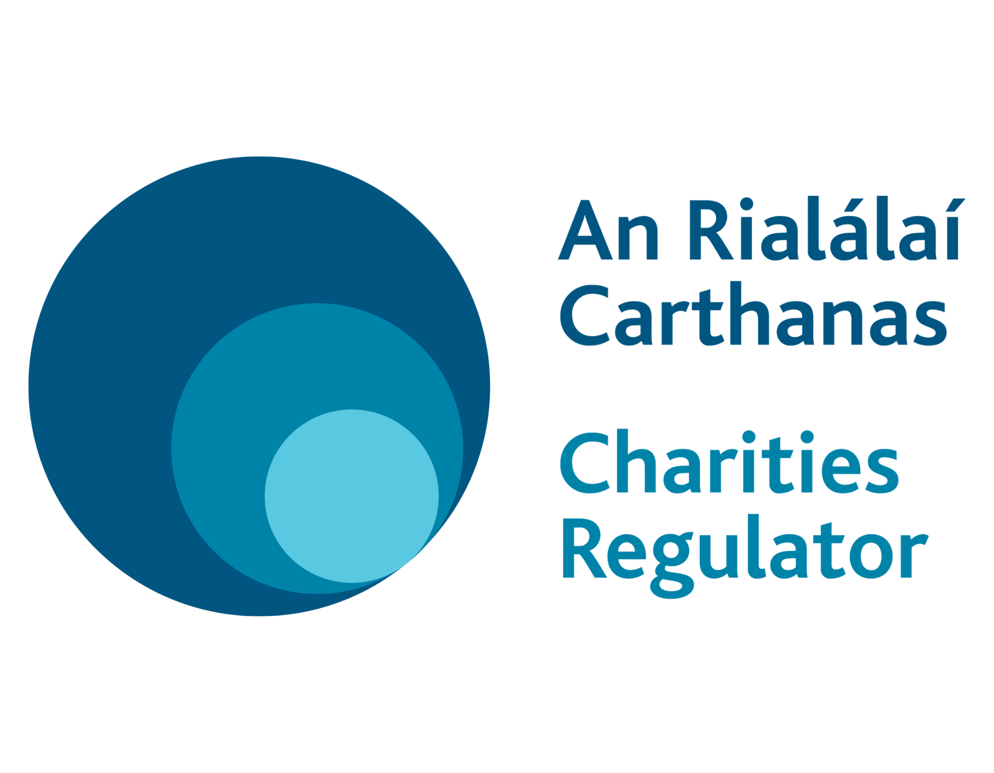 A graphic with three overlapping circles in varying shades of blue, next to the text "An Rialáil Carthanas Charities Regulator."