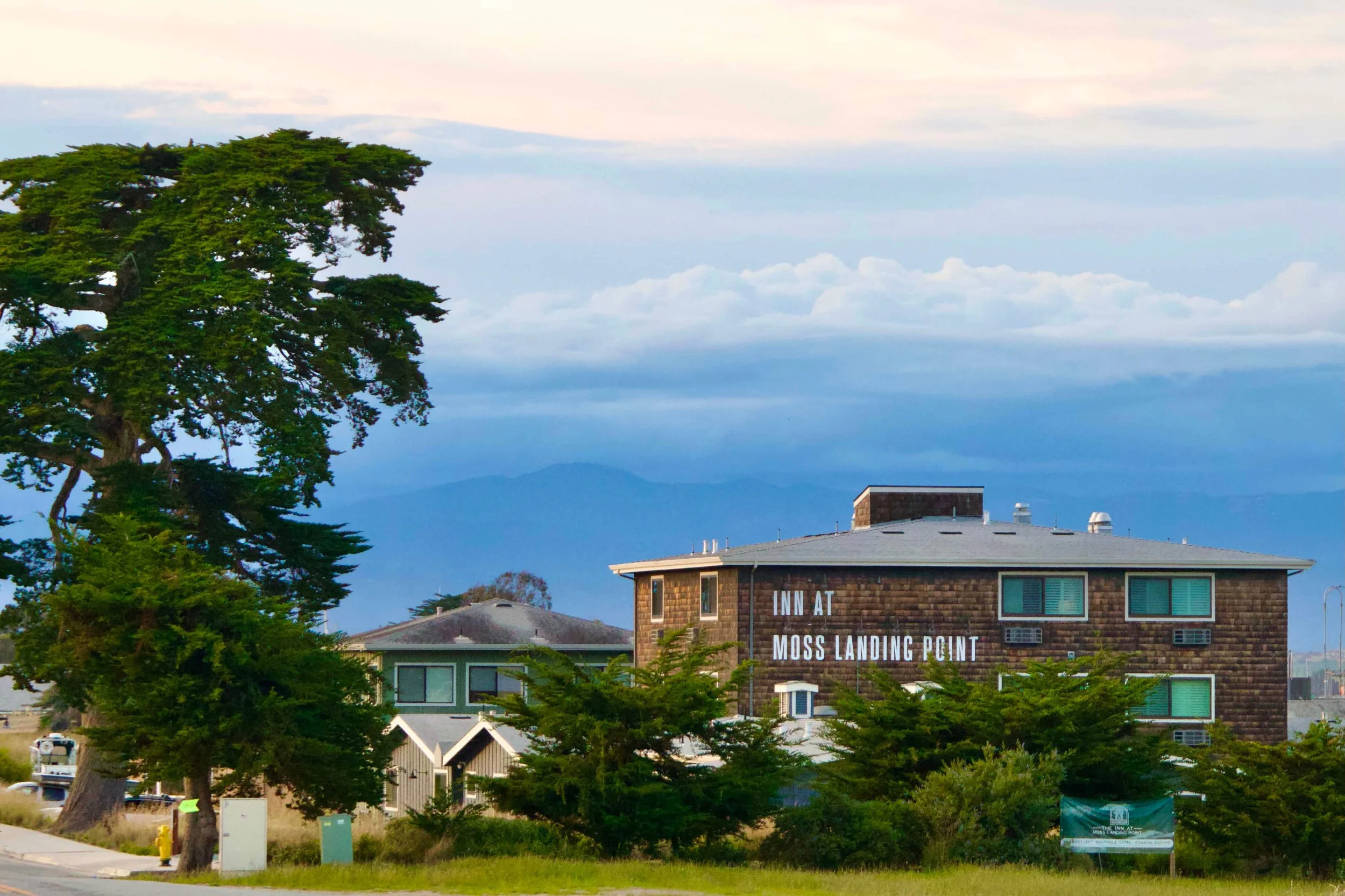 A green tree in front of a building with a sign that reads 'INN AT MOSS LANDING POINT.' The background shows a cloudy sky with layers of clouds and a distant mountain range.