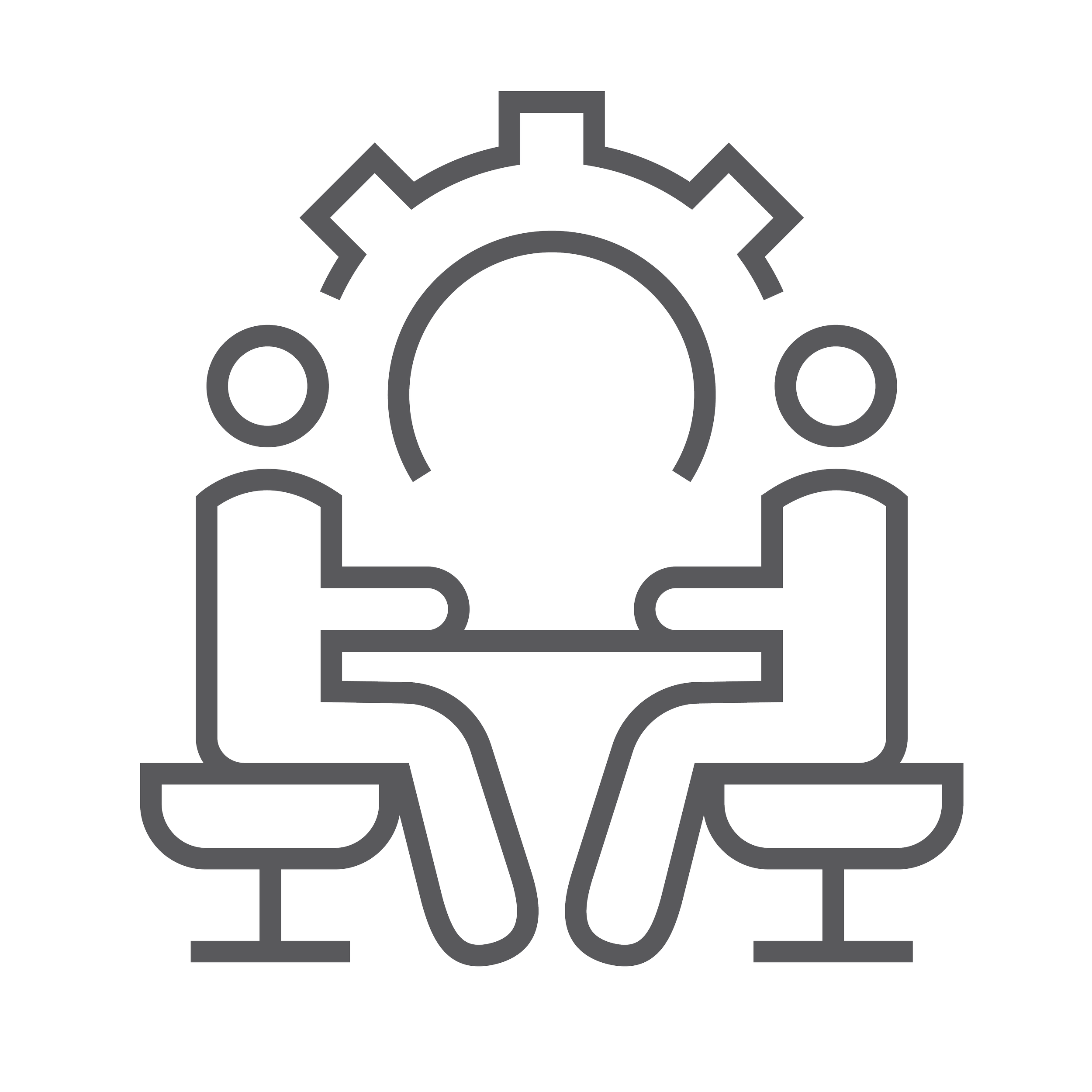Outline icon of two people sitting at a table with a gear behind them, representing teamwork or collaboration.