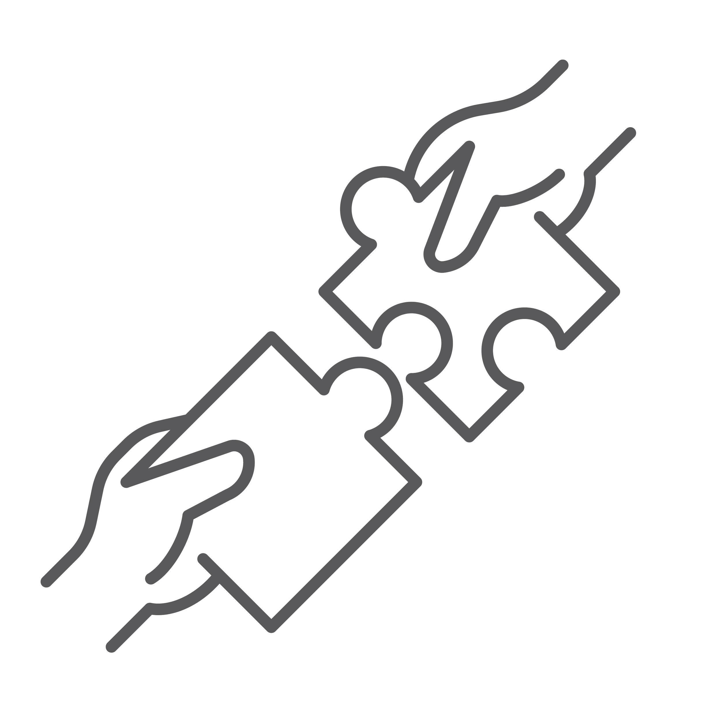 Outline of two hands each holding a puzzle piece, fitting them together.