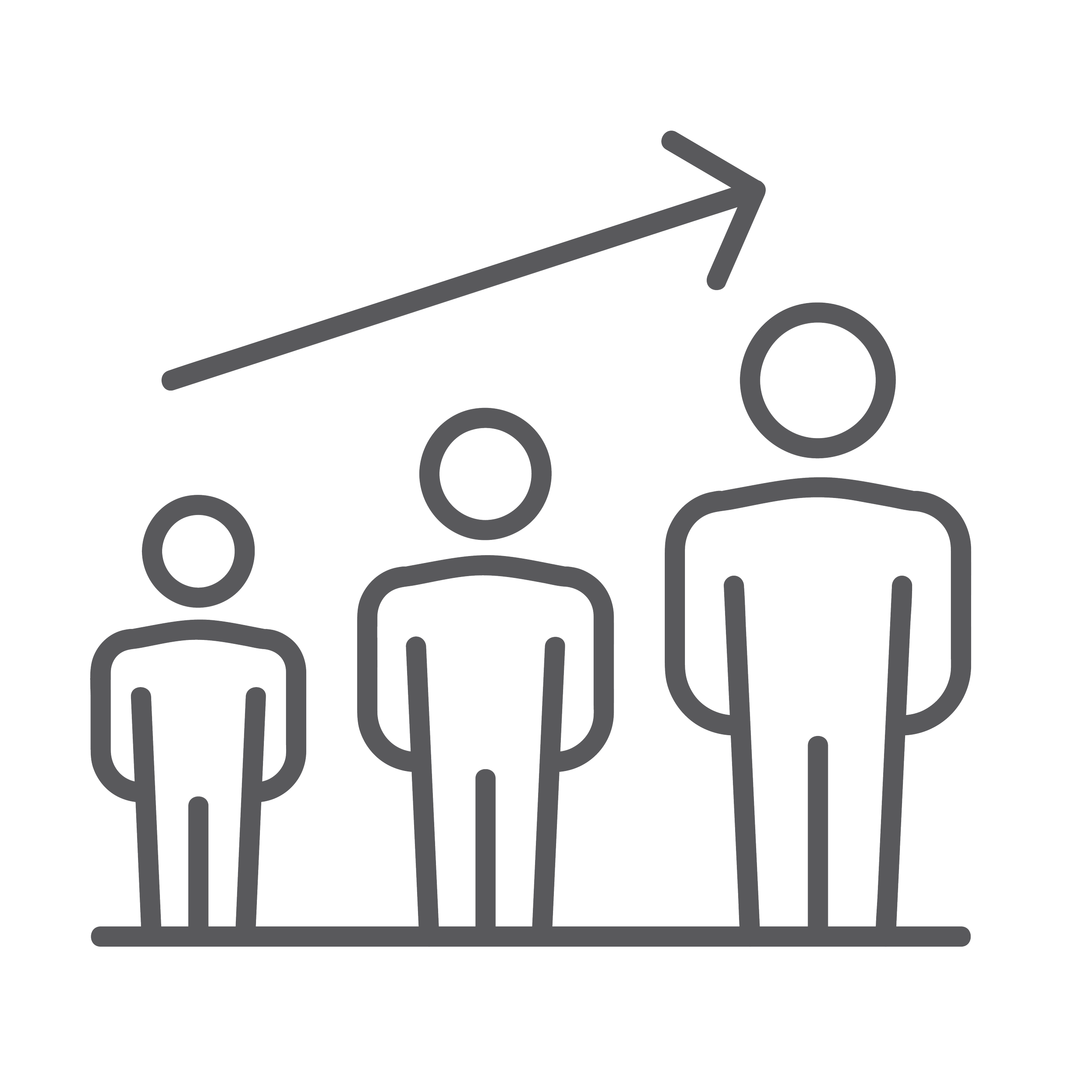 Line drawing of three people of varying heights with an upward-trending arrow above them.