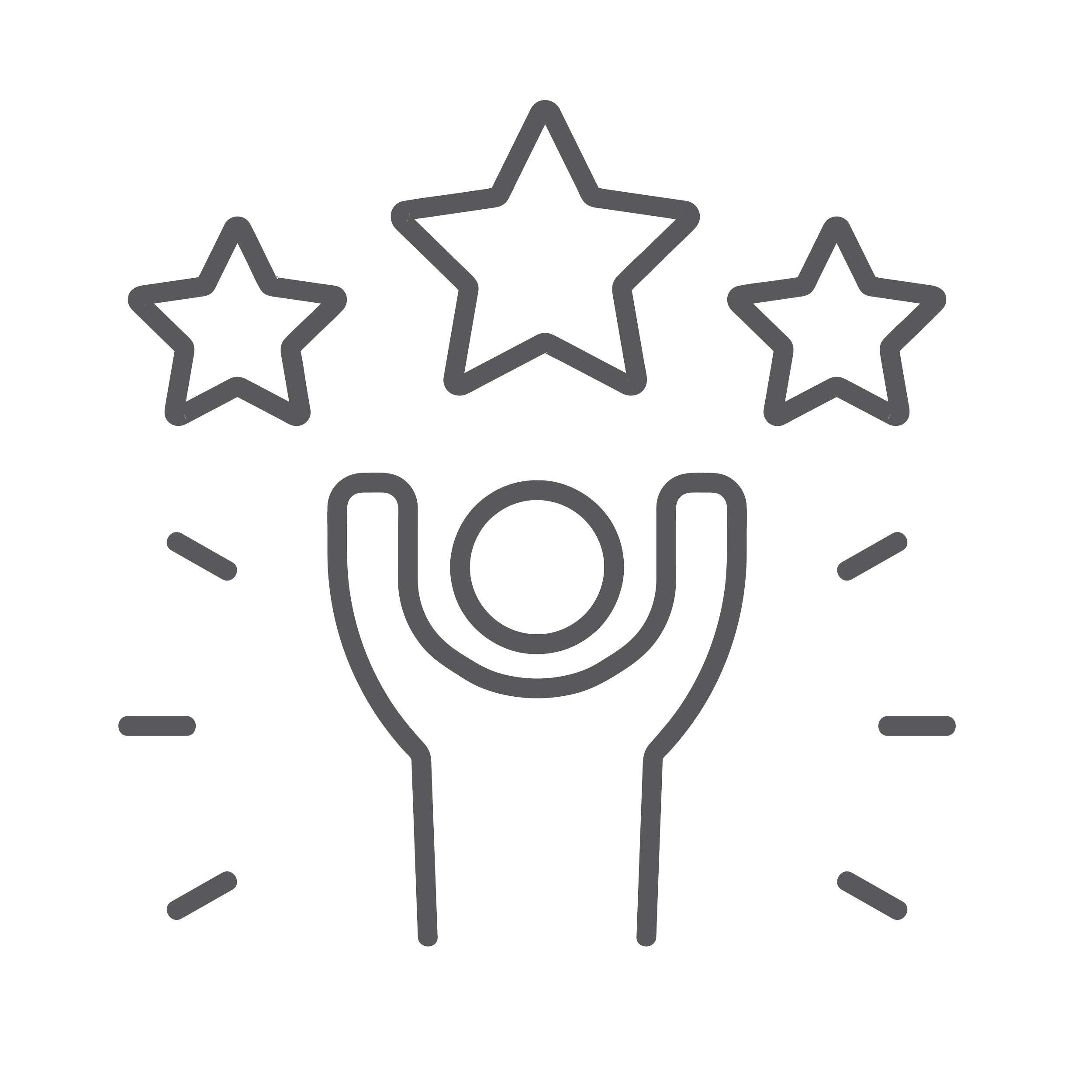 Line drawing of a hand holding a trophy with three stars above it and celebratory lines around.