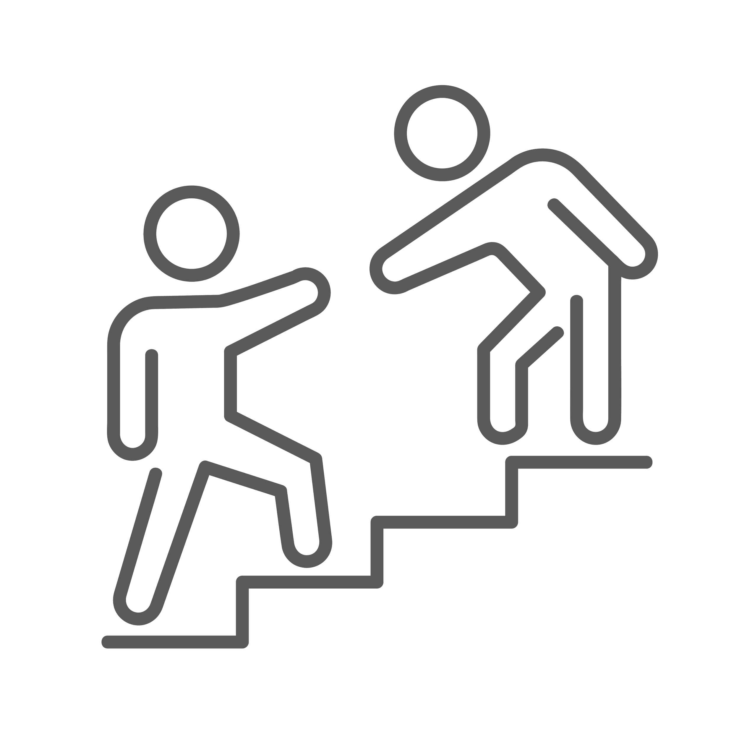 Line drawing of two simplified human figures helping each other up stairs.