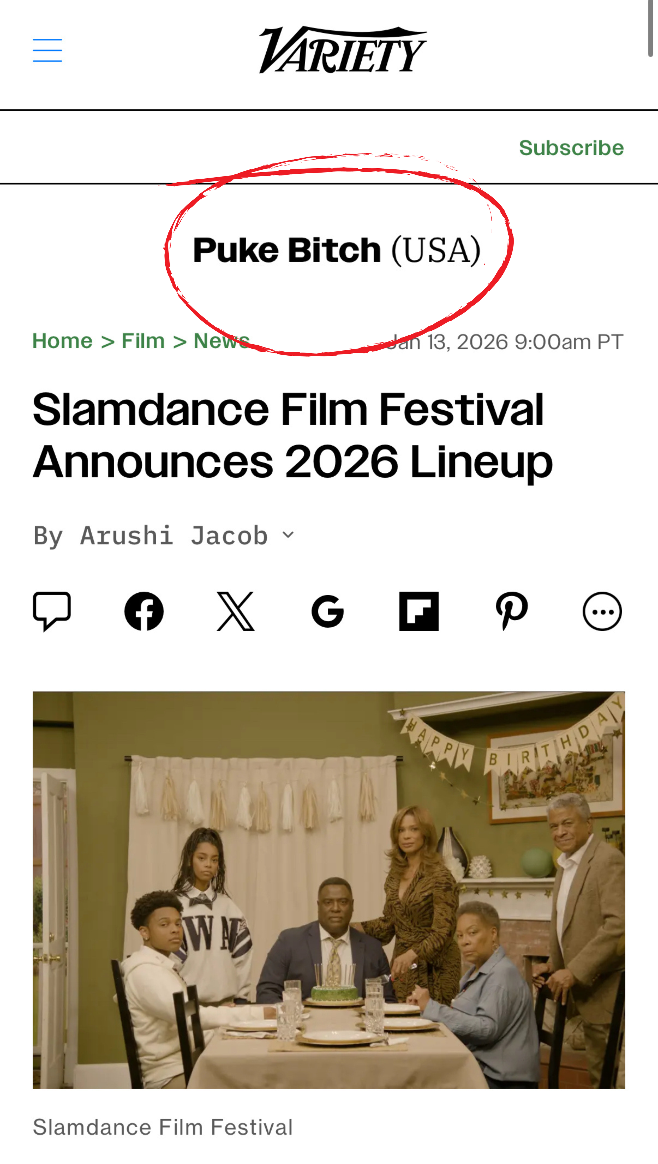Brandon Engel featured in Variety article about 'Puke Bitch' TV mini series being accepted in the Slamdance 2026 film festival.