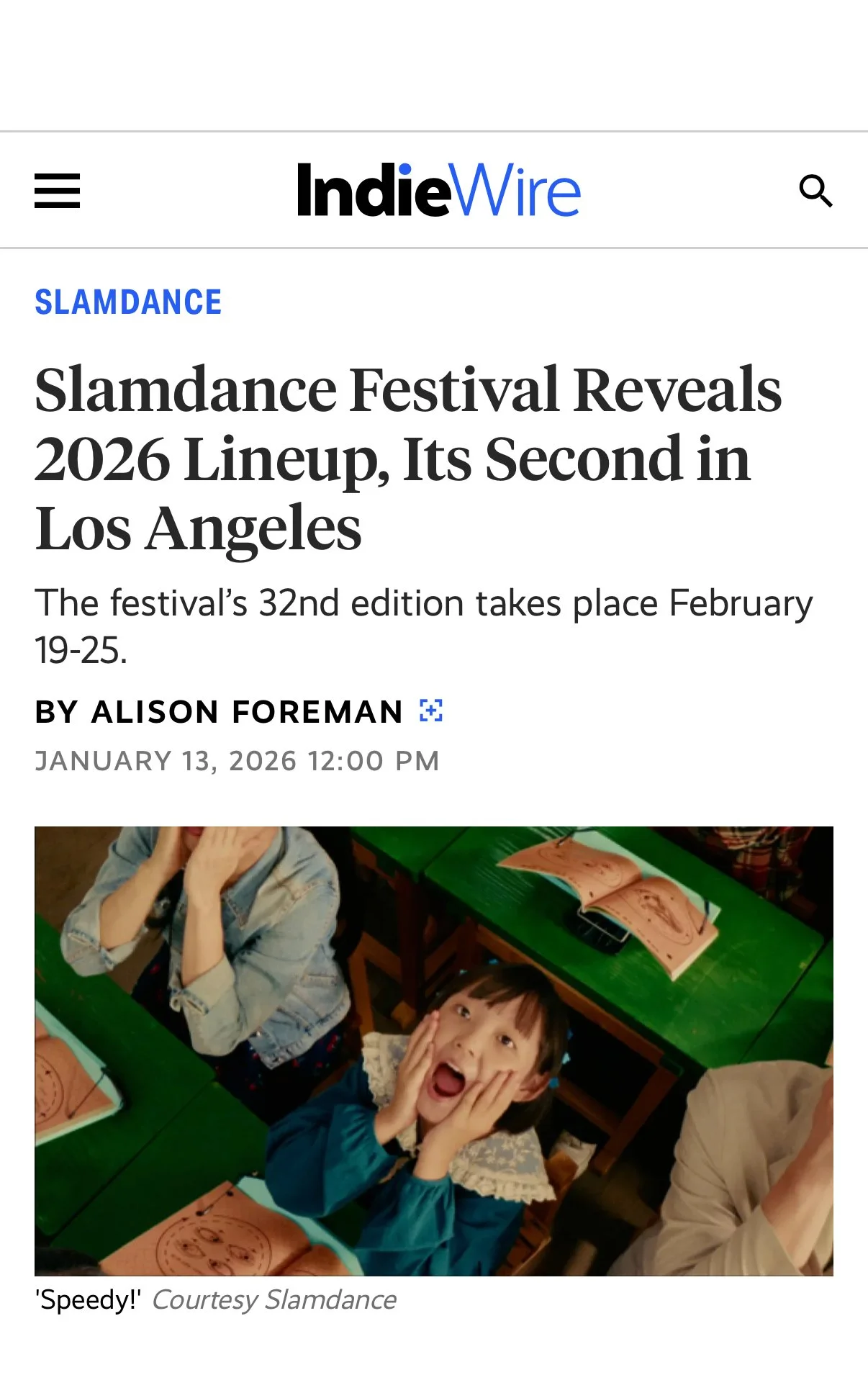 Brandon Engel featured in Indie Wire article about 'Puke Bitch' TV mini series being accepted in the Slamdance 2026 film festival.