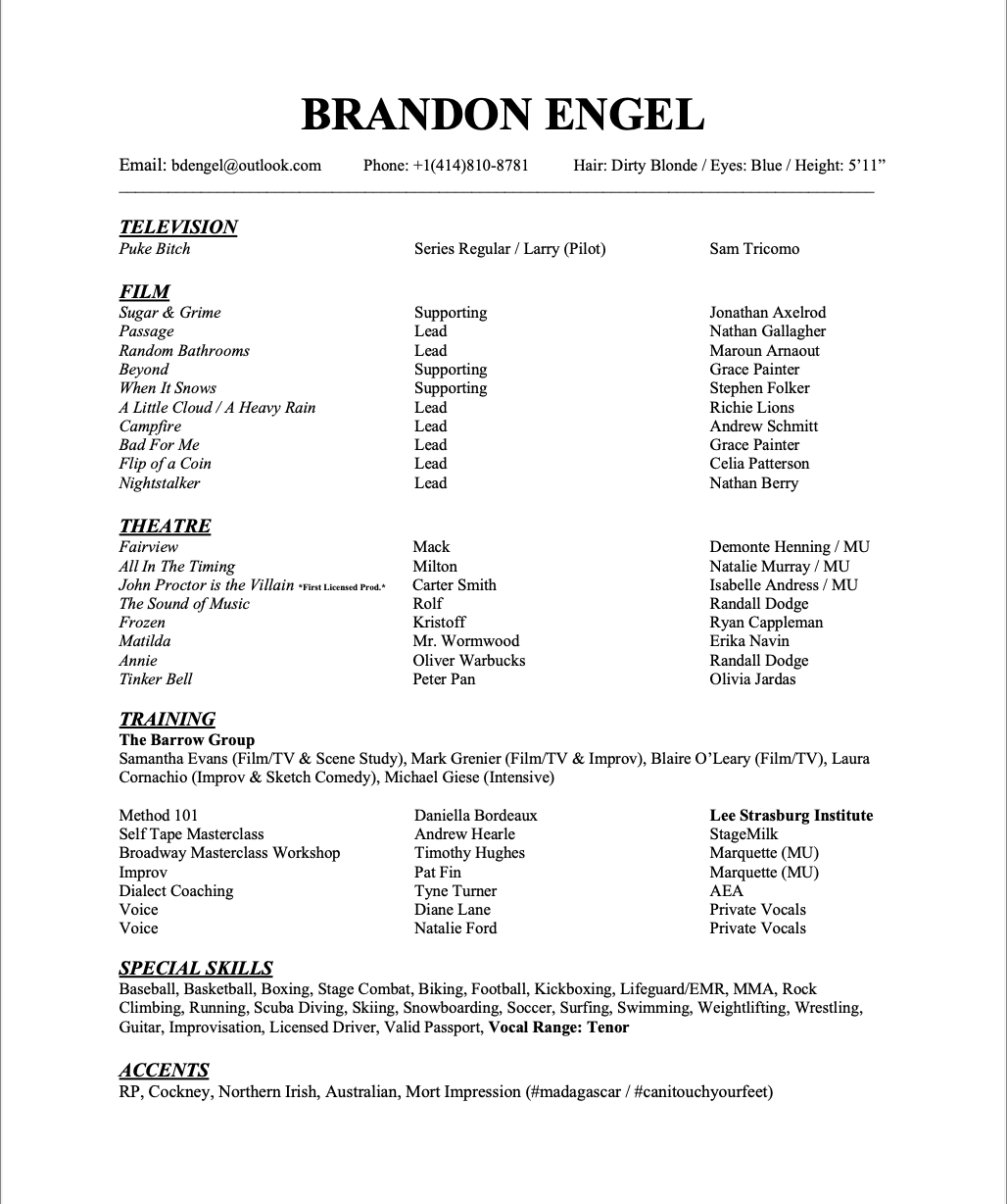 Brandon Engel acting resume 2026.