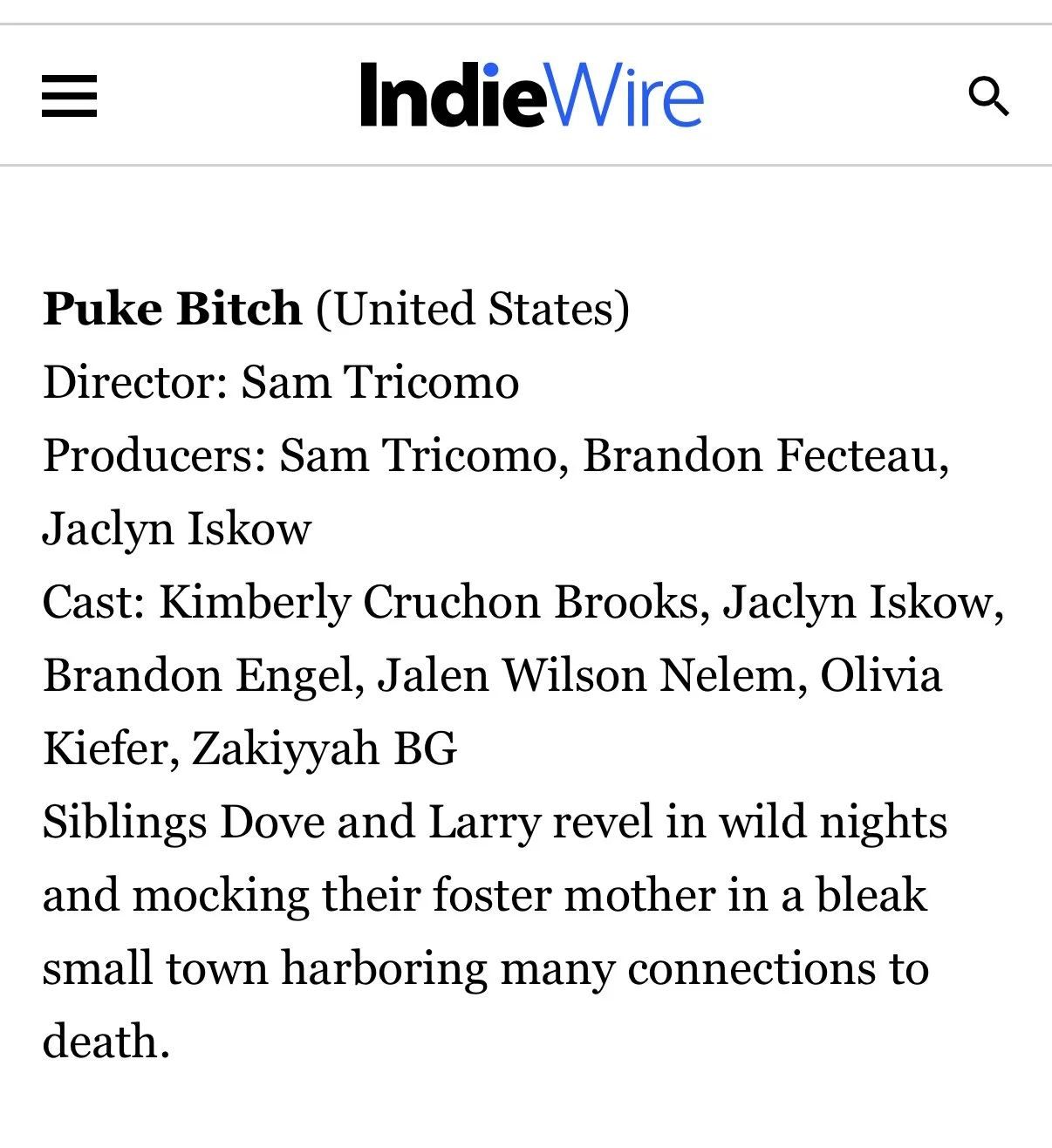 Brandon Engel featured in Indie Wire article about 'Puke Bitch' TV mini series being accepted in the Slamdance 2026 film festival.