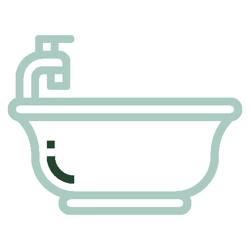 A bathtub with a faucet and drain, outlined in light teal, on a black background.