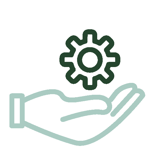 Line drawing of a hand holding a gear, representing process or technical support.