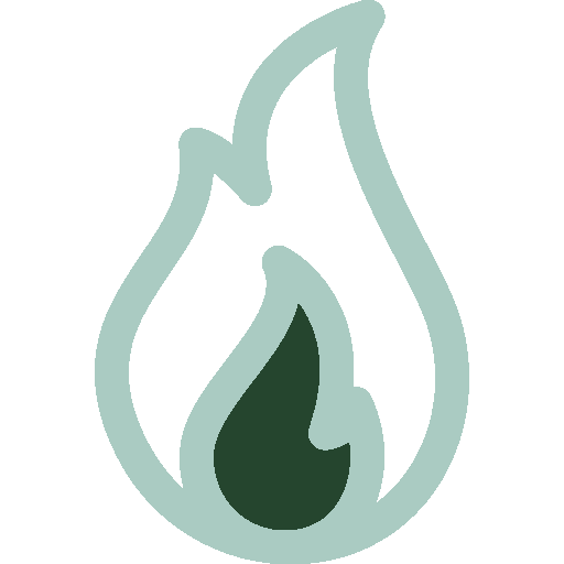 A stylized icon of a flame with a dark center and light outline.