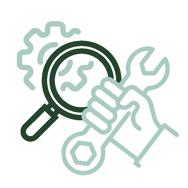 Illustration of a hand holding a wrench, a magnifying glass, a gear, and a bolt, representing maintenance or repair tools.