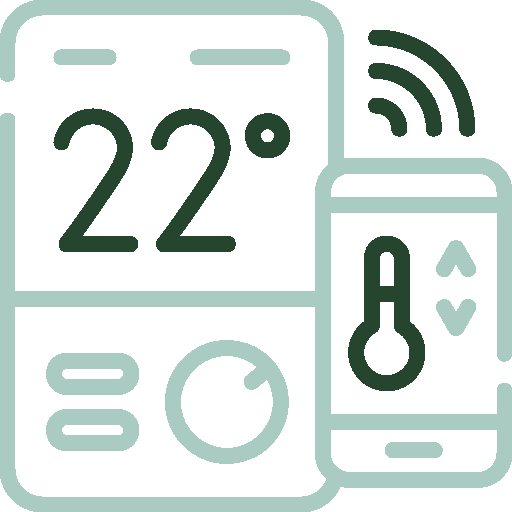 Smart thermostat with a Wi-Fi signal icon and a smartphone showing a remote temperature control app.