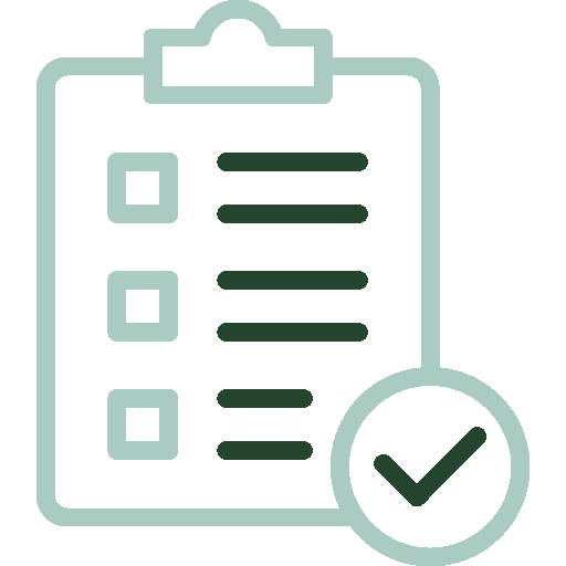 Icon of a clipboard with a checklist and a checkmark