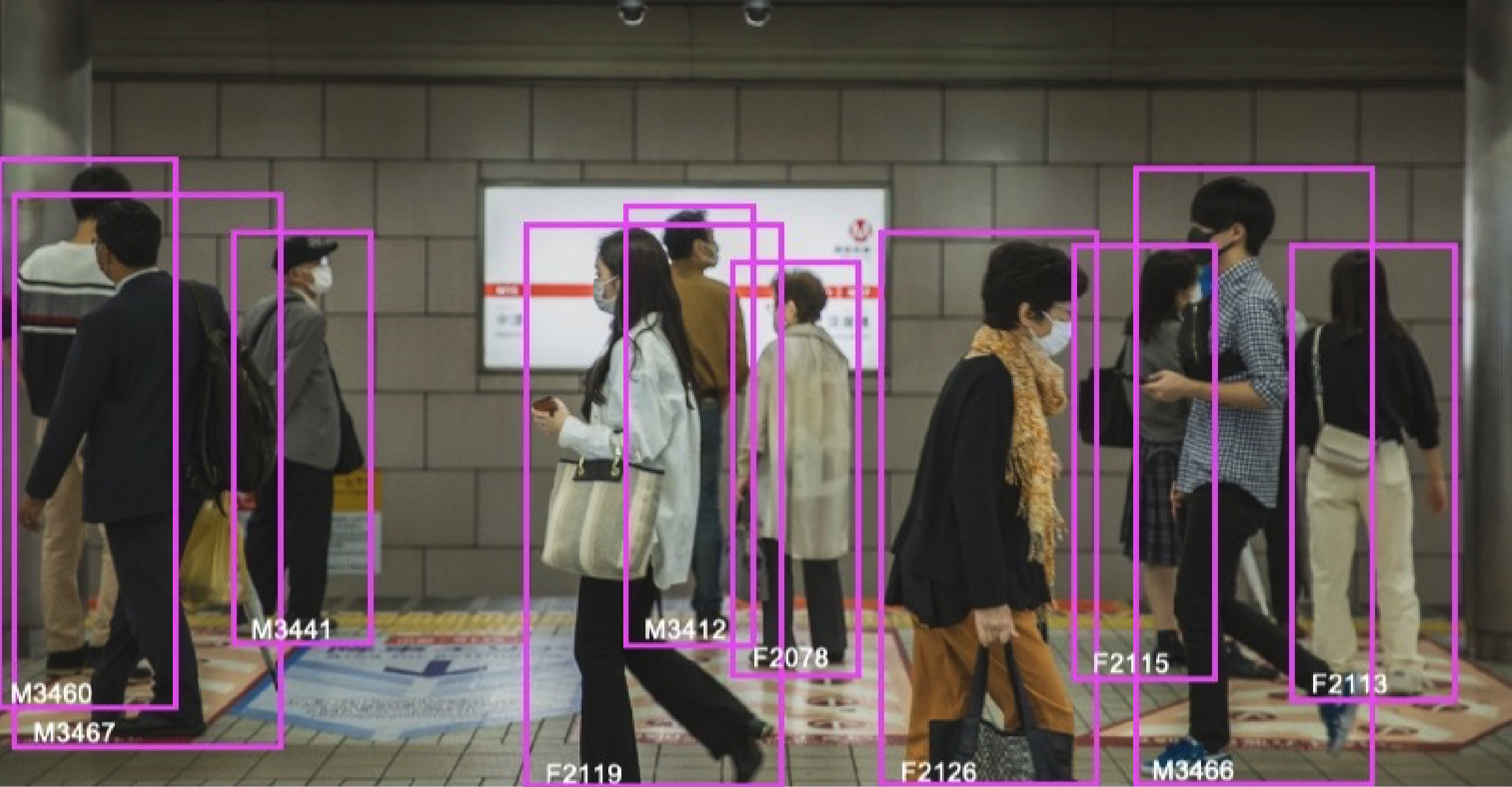 people in a subway train station being identified with a pink box marker